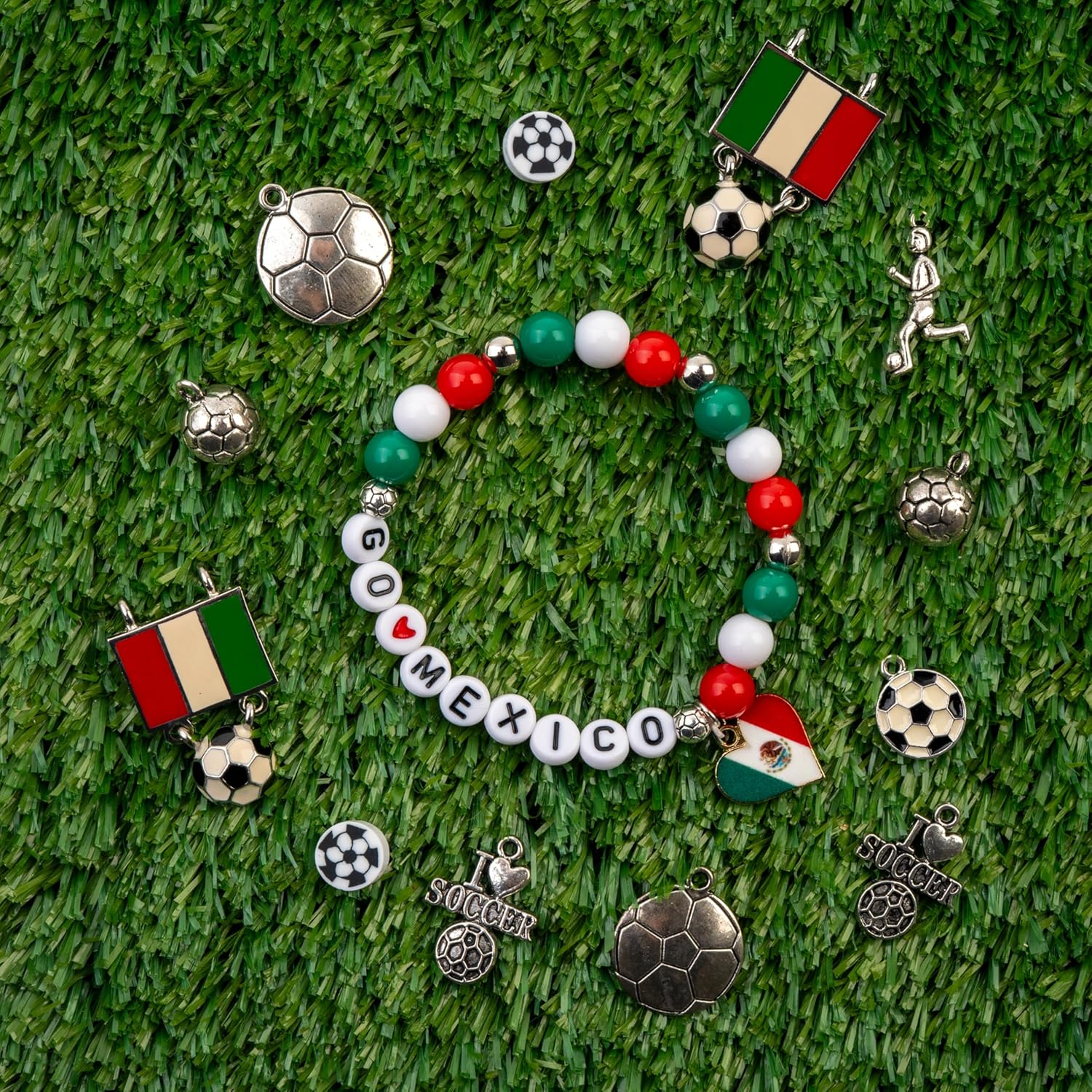John Bead 29pcs Mexico Flag Patriotic Beads Charm Friendship Bracelet Jewelry Making Kit, World Soccer Game Day, Mexican Independence Day for Arts Crafts DIY Gifts