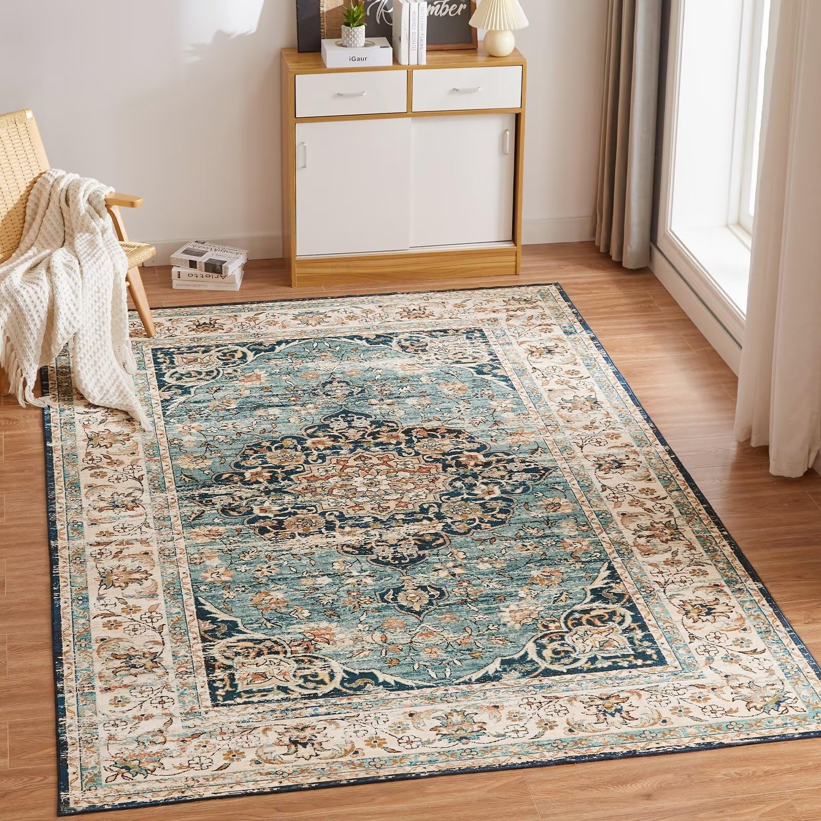 CHOSHOME Washable Rugs Living Room Non Slip Area Rug for Bedroom Machine Washable Rug Soft Short Pile Large Living Room Rug Vintage Oriental Boho Non Shedding Dense Rugs Blue 80x150cm