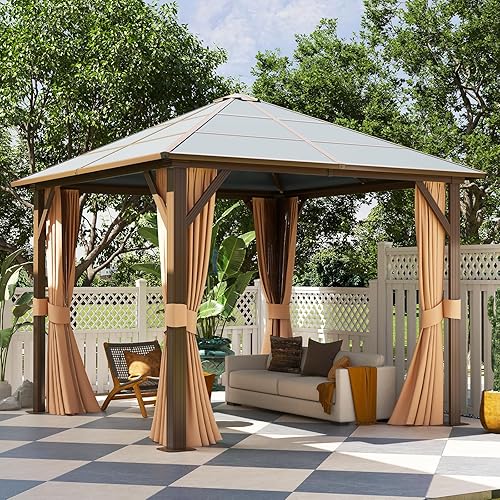 Aoxun 10' x 10' Gazebo Single Polycarbonate Roof, Outdoor Aluminum Frame Everlasting Pergolas with Netting and Curtains, for Backyards, Patios, Parties, Gardens and Lawns