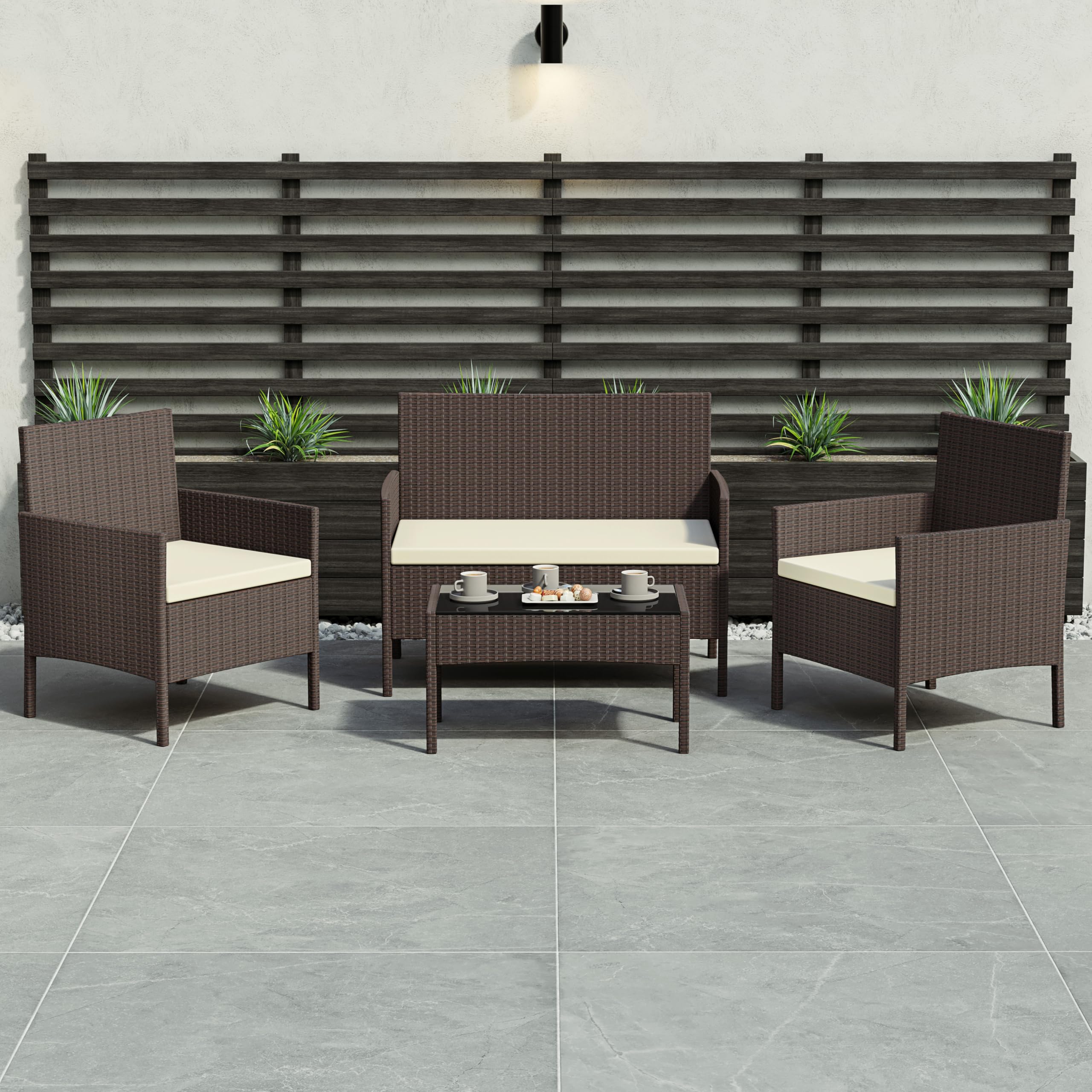 Garden Vida Kendal 4-częściowy zestaw rattanowy do siedzenia ogrodowego, brązowy (certyfikat (UKFR), meble ogrodowe, patio, na zewnątrz