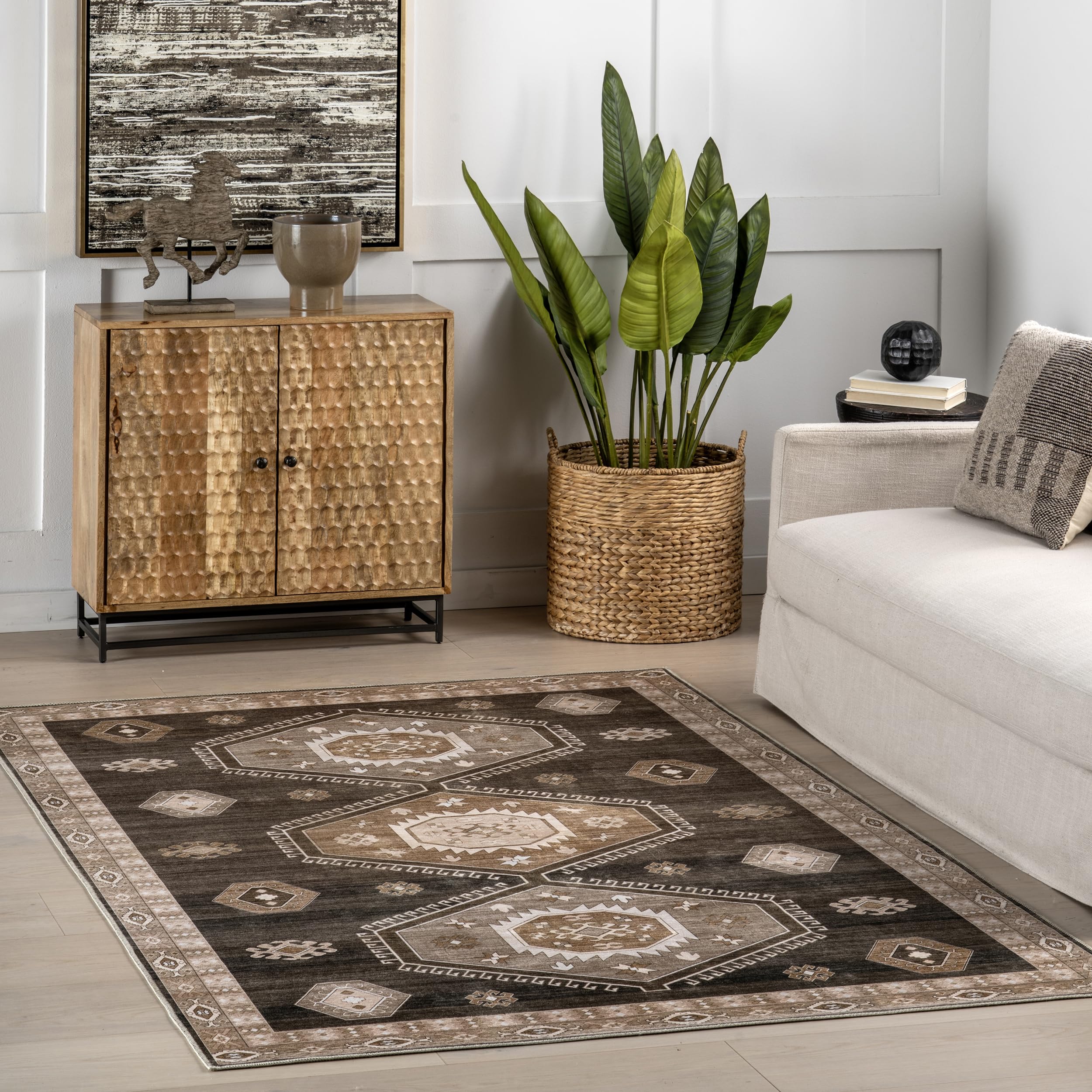 Tapis lavable en machine nuLOOM Anette grand format marron foncé motif médaillon rétro