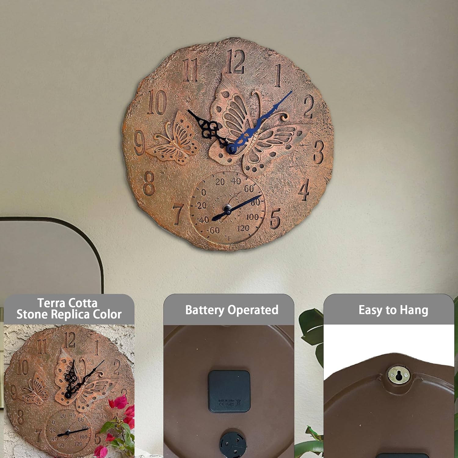 Lily's Home Hanging Wall Clock, Includes a Thermometer, Ideal for Indoor and Outdoor Use, Wonderful Housewarming Gift for Friends, or for Any Butterflies Lovers, Polyresin