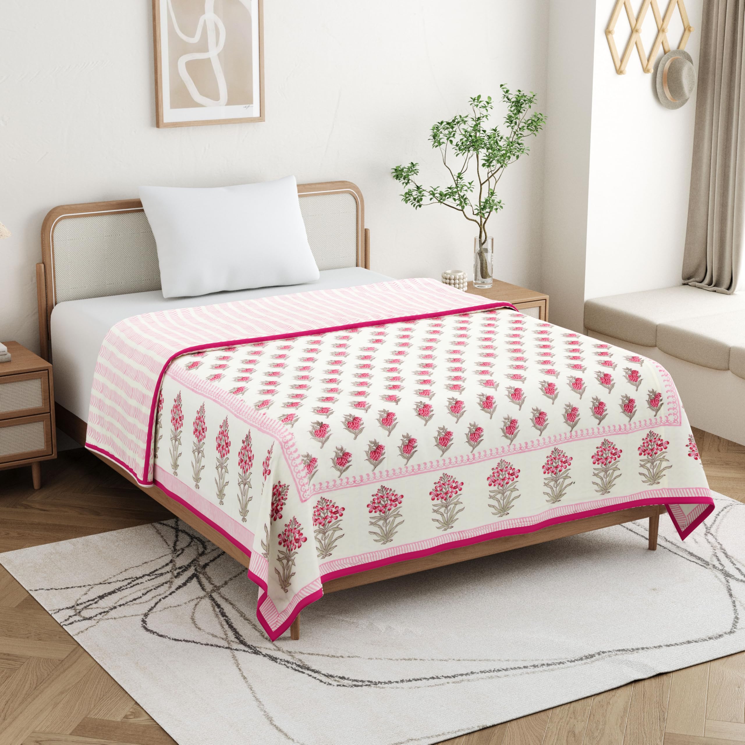 Hand Block Printed Cotton Dohar Blanket - Pink Rose -1 Hand Block Printed Cotton Dohar Blanket - Pink Rose -1