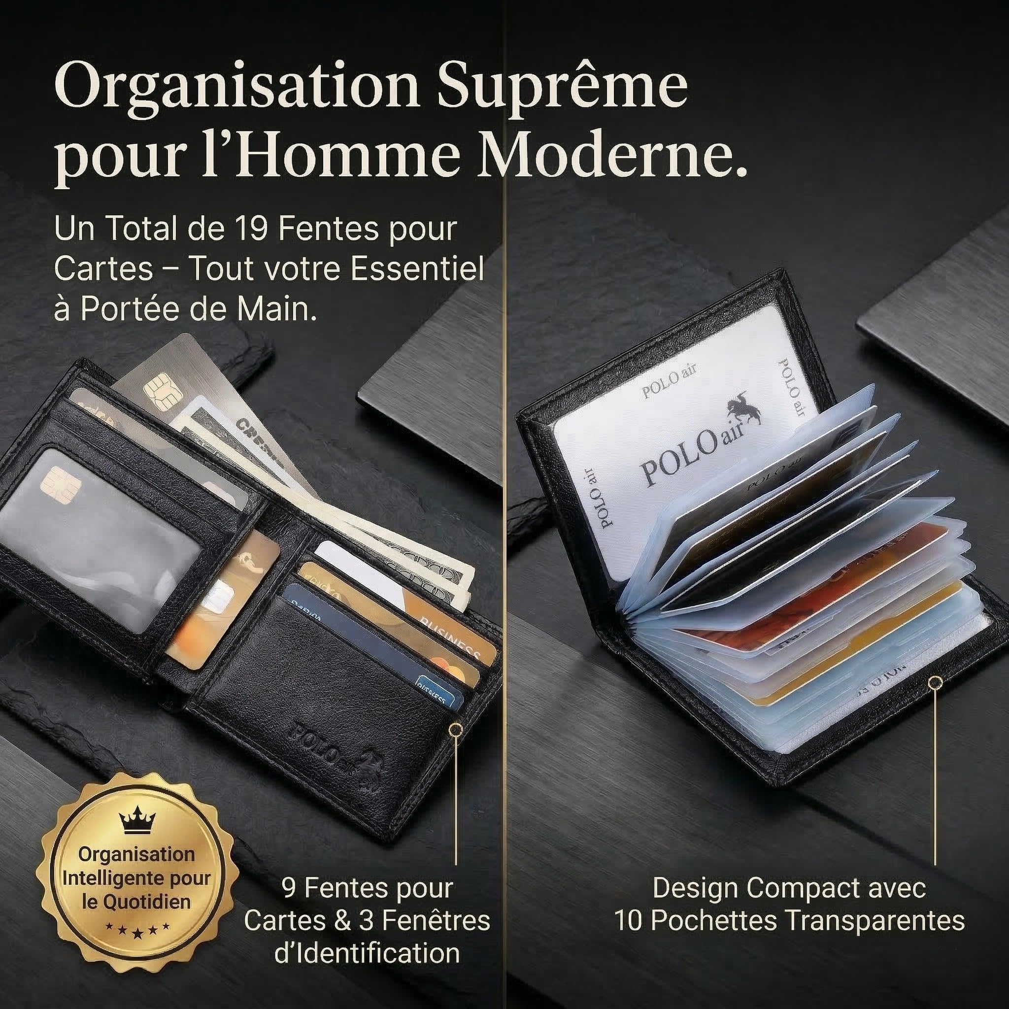 Polo Air Coffret-Cadeau Homme 4 Pièces - Ensemble Élégant avec Ceinture Portefeuille Porte-Cartes & 50ml Parfum - Noir avec Boîte Cadeau Premium