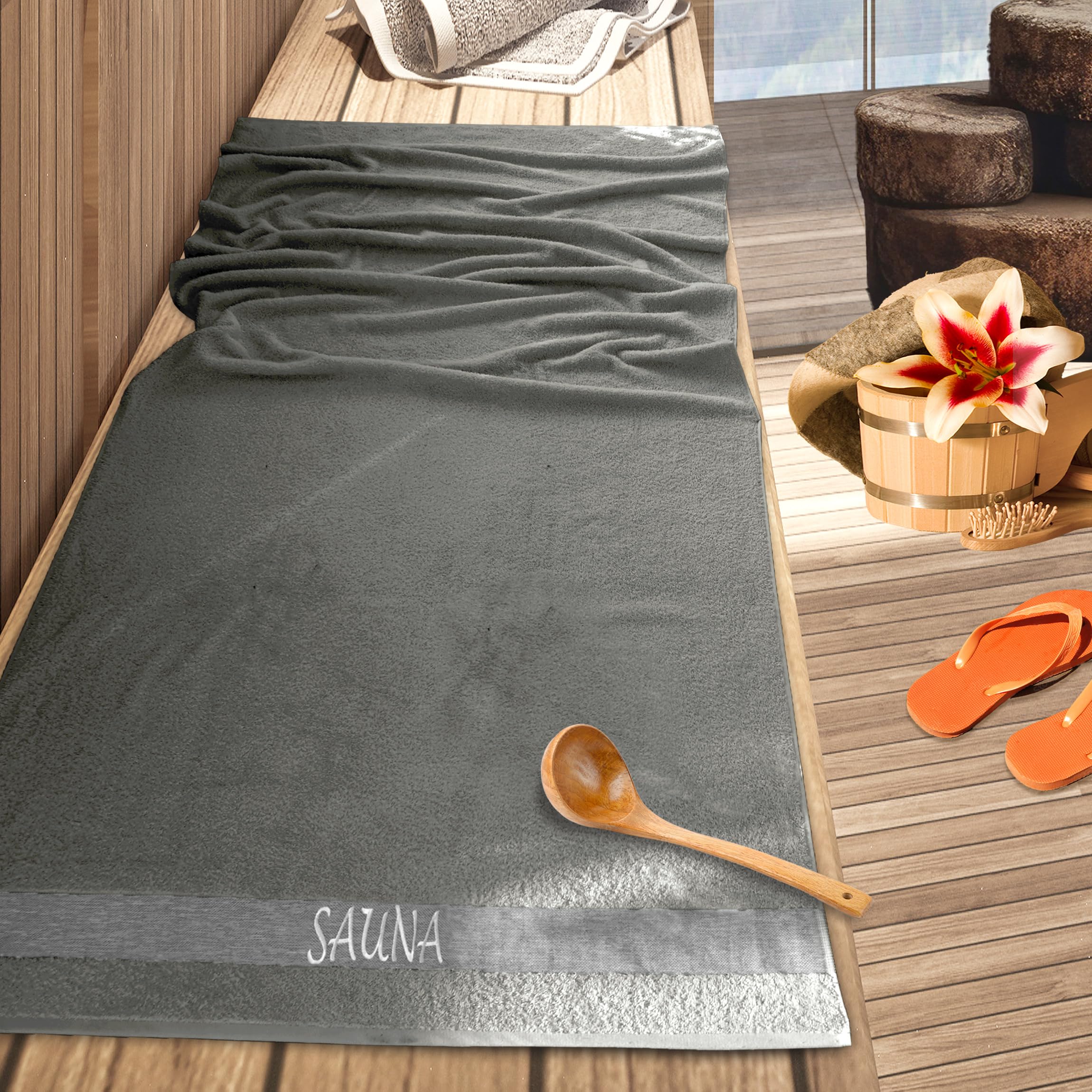 Lashuma Saunahandtuch 100x200 cm, Frottee XXL Badetuch in Dunkel Grau | 500 gsm Frottee aus 100% Baumwolle, als Saunatuch, Badehandtuch, Duschtuch und Liegetuch für Sauna und Bad