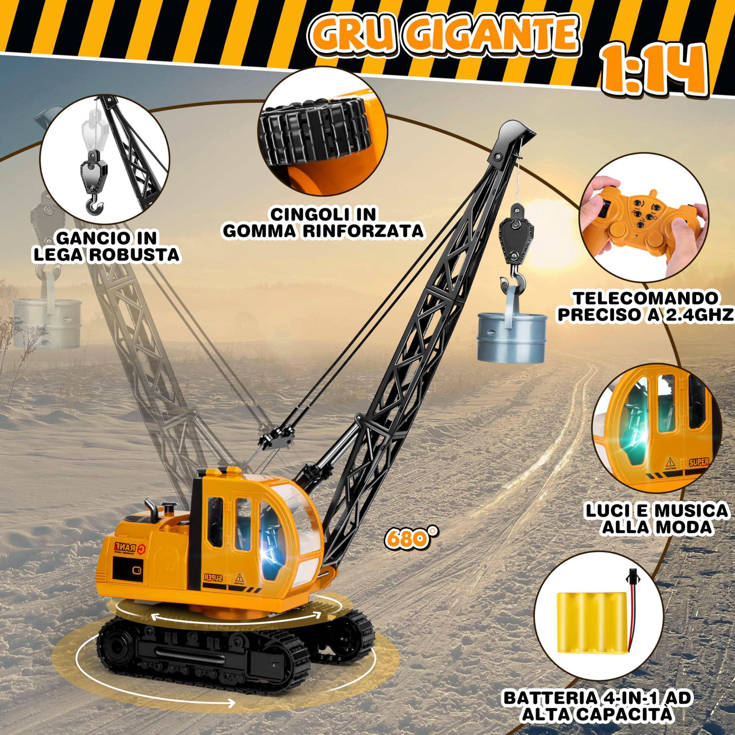 Joellfuner 1:14 Grue Gru Giocattolo per Bambinis, 2,4G Gru Telecomandata avec Lumières et Sons, Grande Grue RC con 2 Utensili, Cadeau pour Garçons de 3 à 12 Ans (Extra Grande)