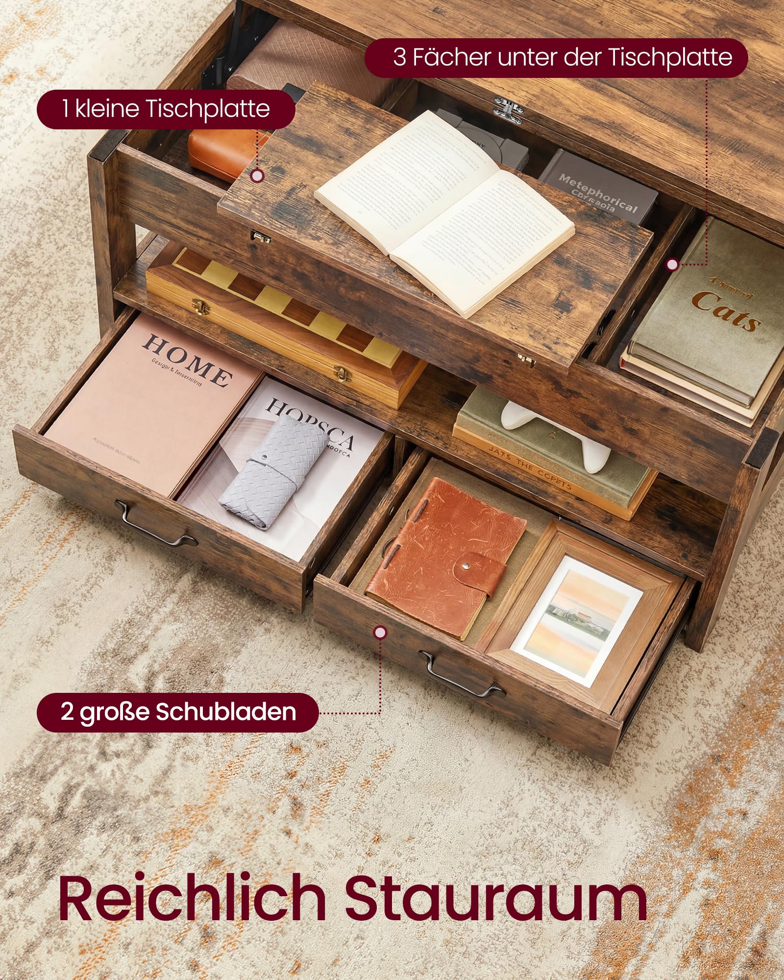 VASAGLE Couchtisch, höhenverstellbarer Wohnzimmertisch, Gaszylinder, 2 Schubladen und 3 Fächer unter der Tischplatte, Kaffeetisch, 1 offenes Fach, für Wohnzimmer, Homeoffice, vintagebraun LCT254K201