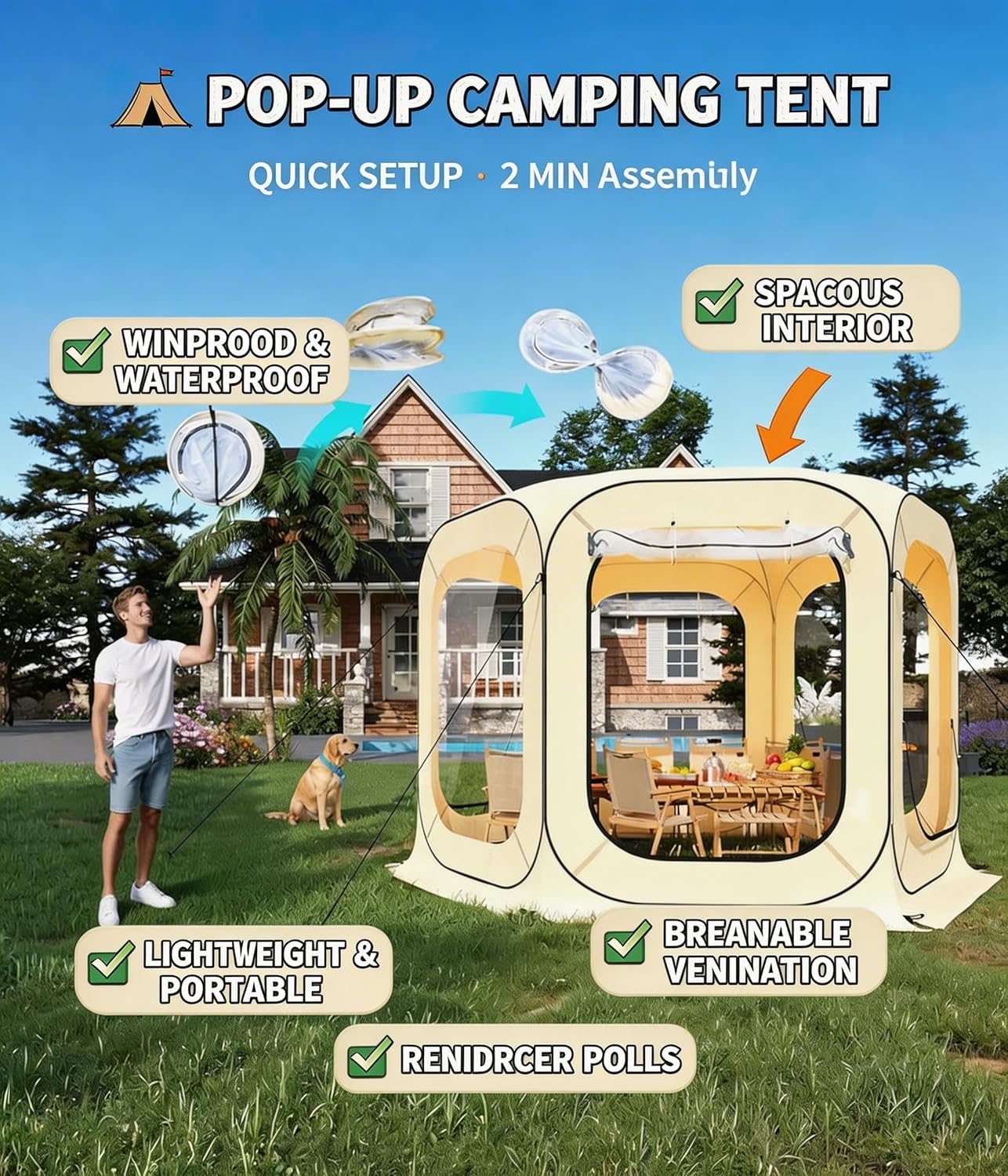 12x12 Pop Up portable House Tent for camping, Screen Room Canopy for 4-8 Persons, Instant Outdoor Screen Enclosure with Carry Bag, Mesh Shelter with Steel Frame for Patio Backyard Beach Camping Picnic