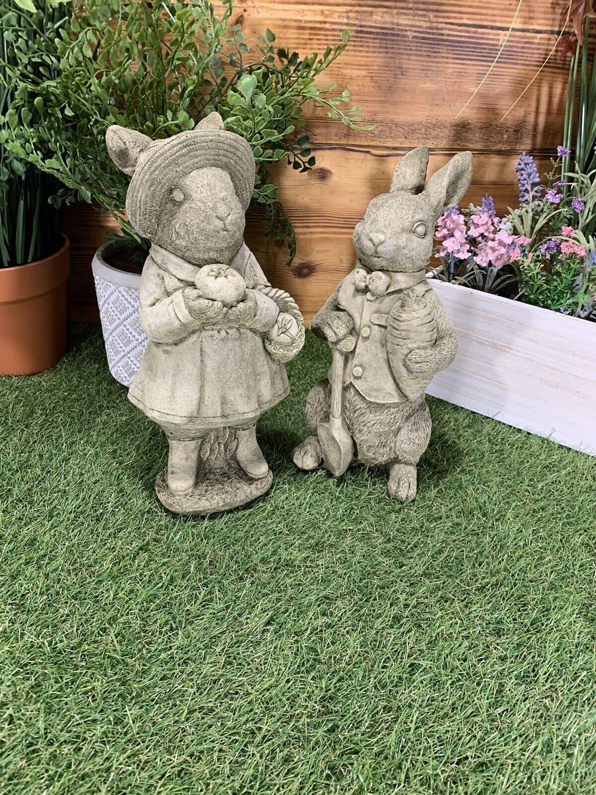 J And L Stone Ornaments Gray, Black, Or White Wind In The Willows Pair Of Rabbit Ornaments, Stone, Statue, Garden Statue,