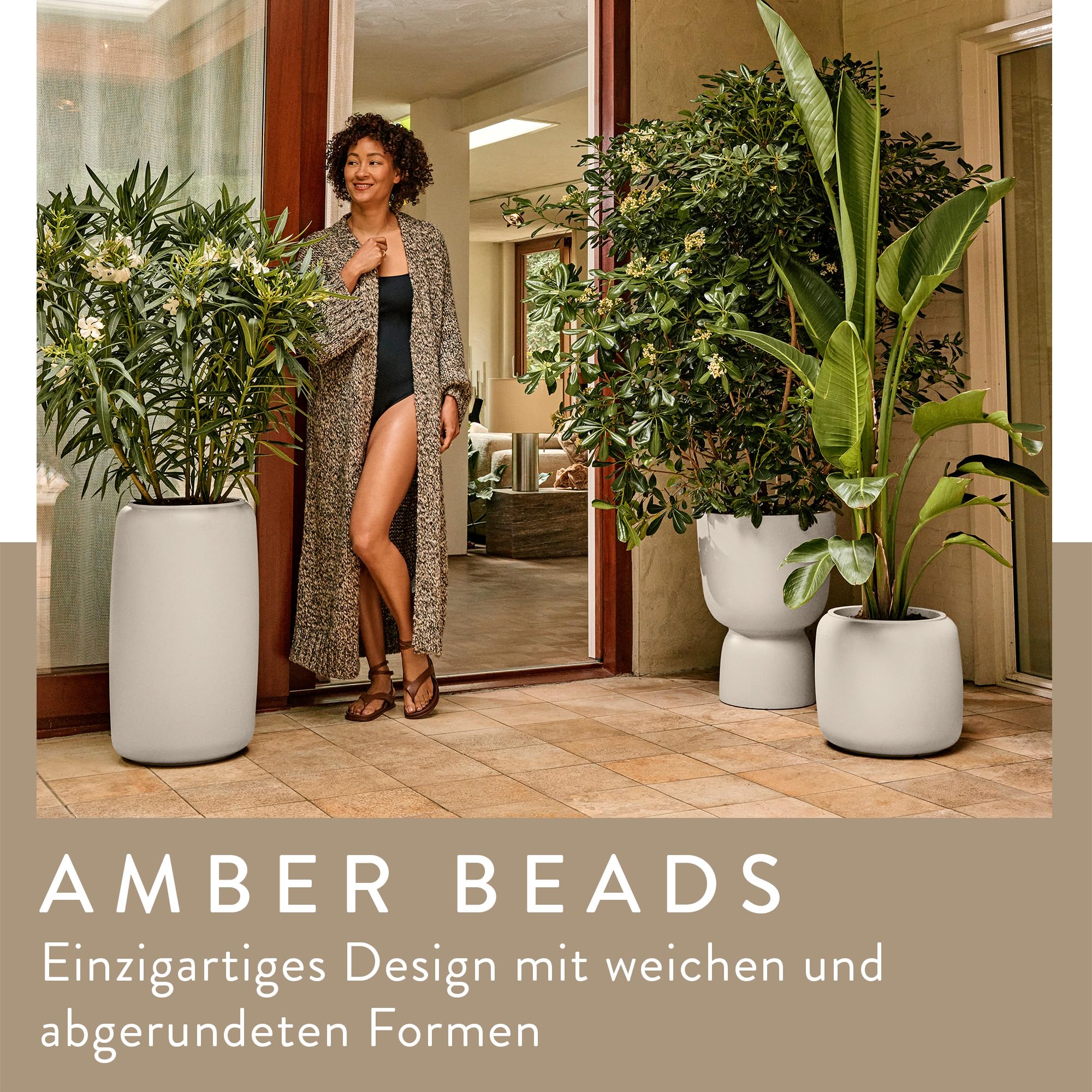 elho Amber Beads Small 40cm Blumentopf - Linen White | ∅ 39.2 x H 34.9 cm | für den Innen- und Außenbereich | 100% recyceltes Plastik