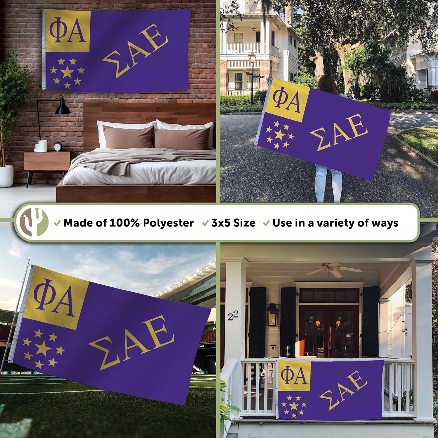 Desert Cactus Sigma Alpha Epsilon Fraternity Flag - Greek Banner, Large 3x5 feet - for Decor, Events, and SigAlph Pride Display (Chapter)