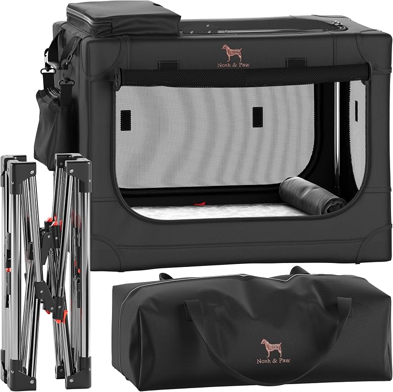 Noah & Paw Collapsible Dog Crate 26 Inch, Small Dog Crate for Small Medium Breeds, Travel Kennel for Car, Including Pet Mat for Pet Cage, 2 Storage Pockets, Handbag, 10mm Locking Zipper 26 * 17 * 17