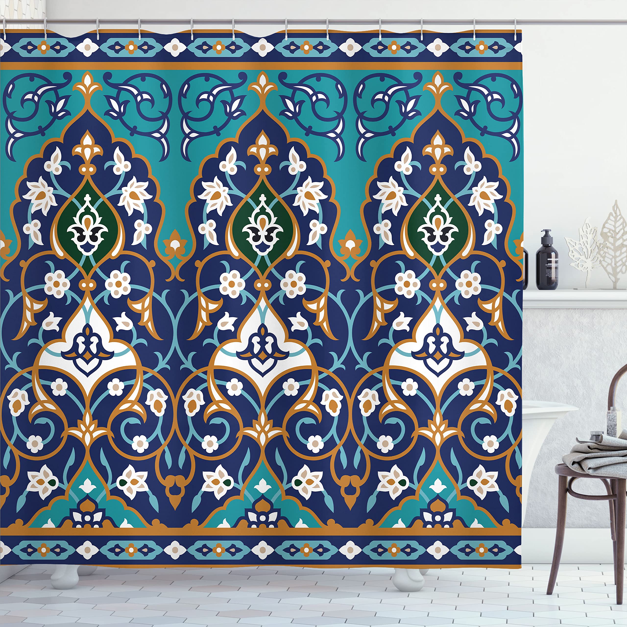 Ambesonne Moroccan Shower Curtain, Ottoman Folkloric Art Inspired Abstract Aged Middle Age Renaissance Print, Cloth Fabric Bathroom Decor Set with Hooks, 69" W x 70" L, Navy Blue