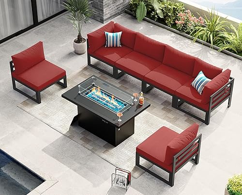Miniatura 896 de NICESOUL 7 Piece White Powder-Coated Aluminum Patio Furniture with Fire Pit Table, 29 Inch Extra Wide Outdoor Sectional Sofa for 6, High-End Heavy
