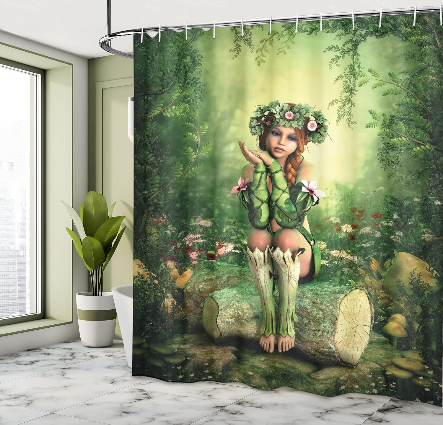 Ambesonne Tale Shower Curtain, Computer Art Elf Girl Wreath Her Head Sitting on a Tree Stump, Cloth Fabric Bathroom Decor Set with Hooks, 69" W x 84" L, Green Beige Pink