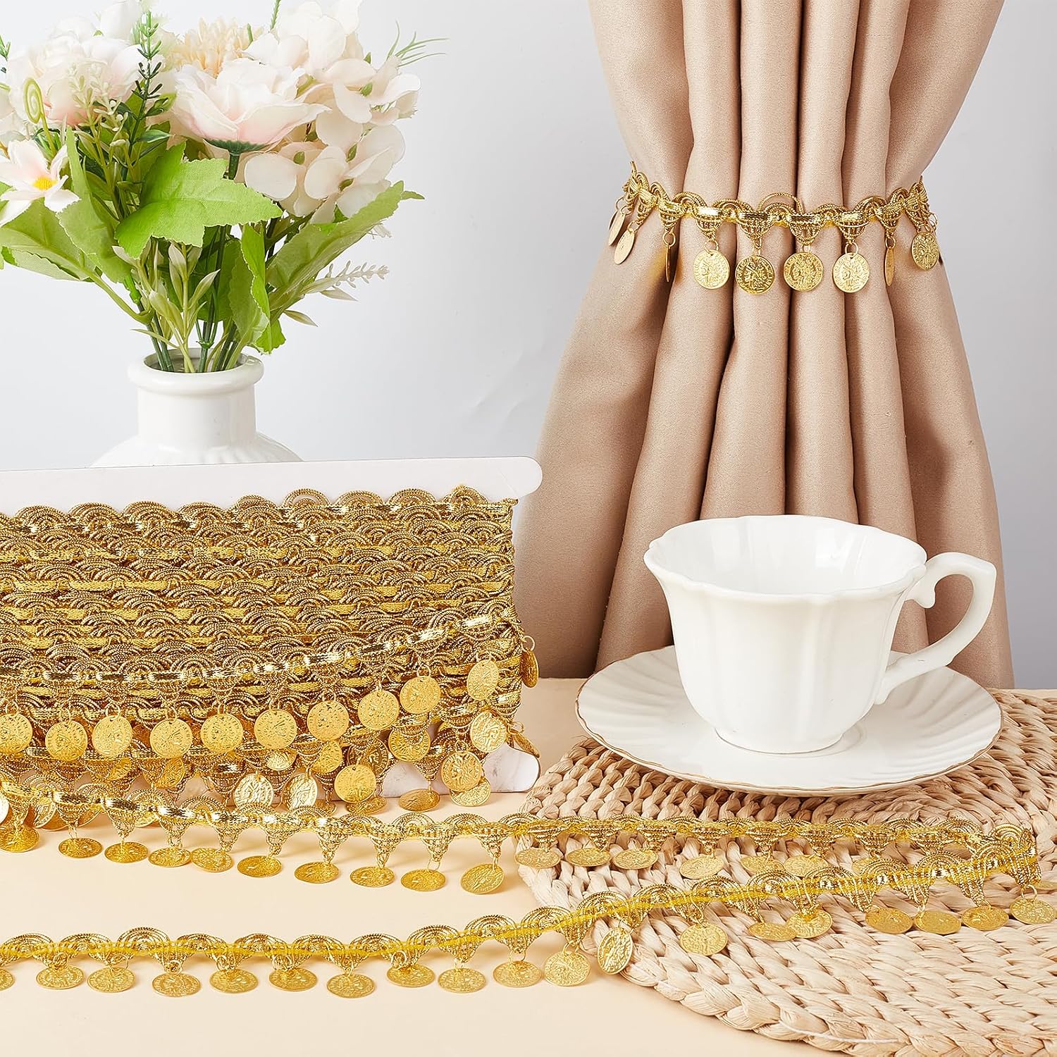 10 Yards Gold Coin Shape Tassel Trim, 1.4 Inch Width Sequin Lace Fringe Edge Trim, Dance Dress Belt Chain for Clothes Decoration Party Accessories DIY Sewing Crafts