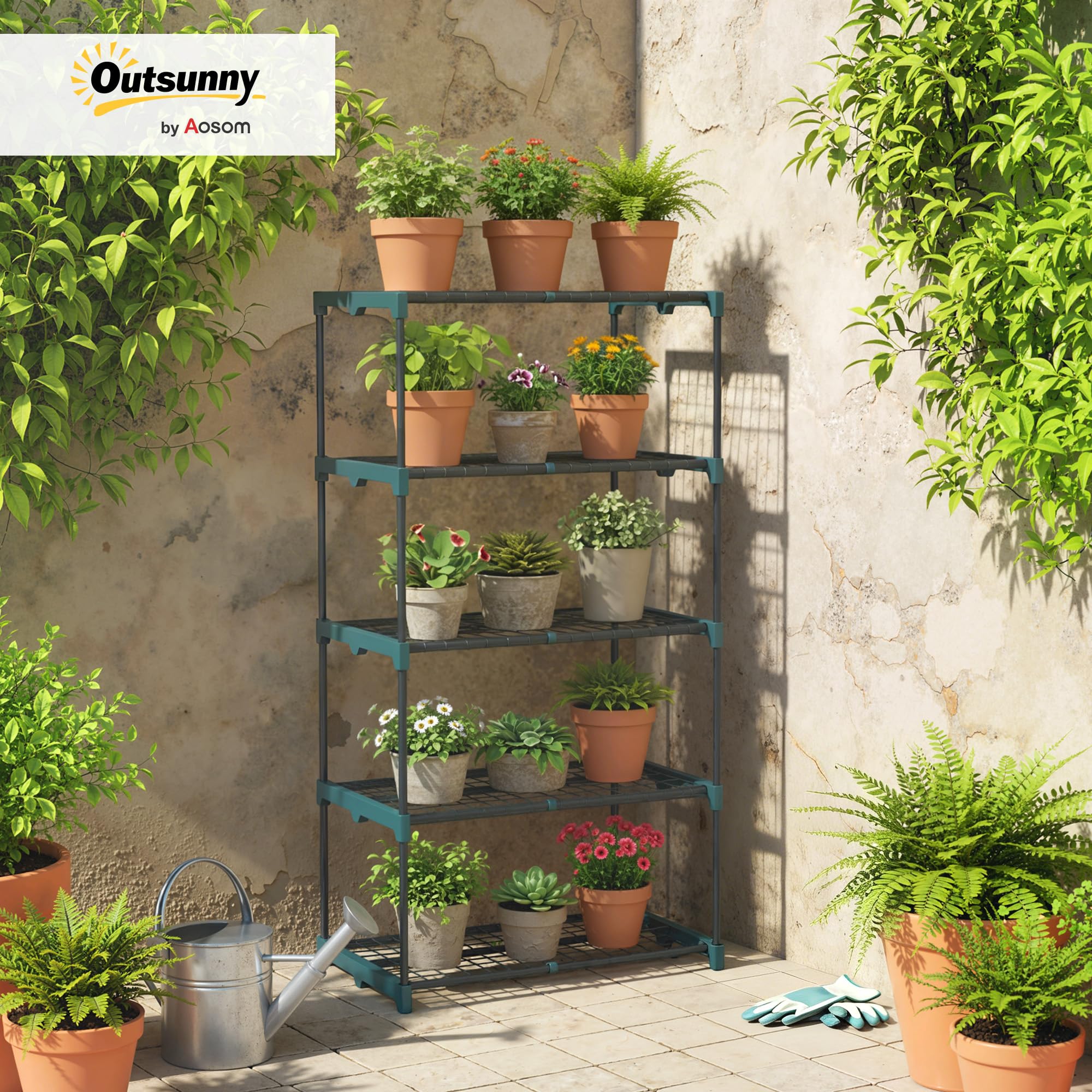 Outsunny Soporte para Plantas de 5 Niveles Acero 67x49x138 cm Verde Oscuro | Estantería para Plantas de Acero, Estantes de Rejilla, Estantería para Macetas, Interior y Exterior