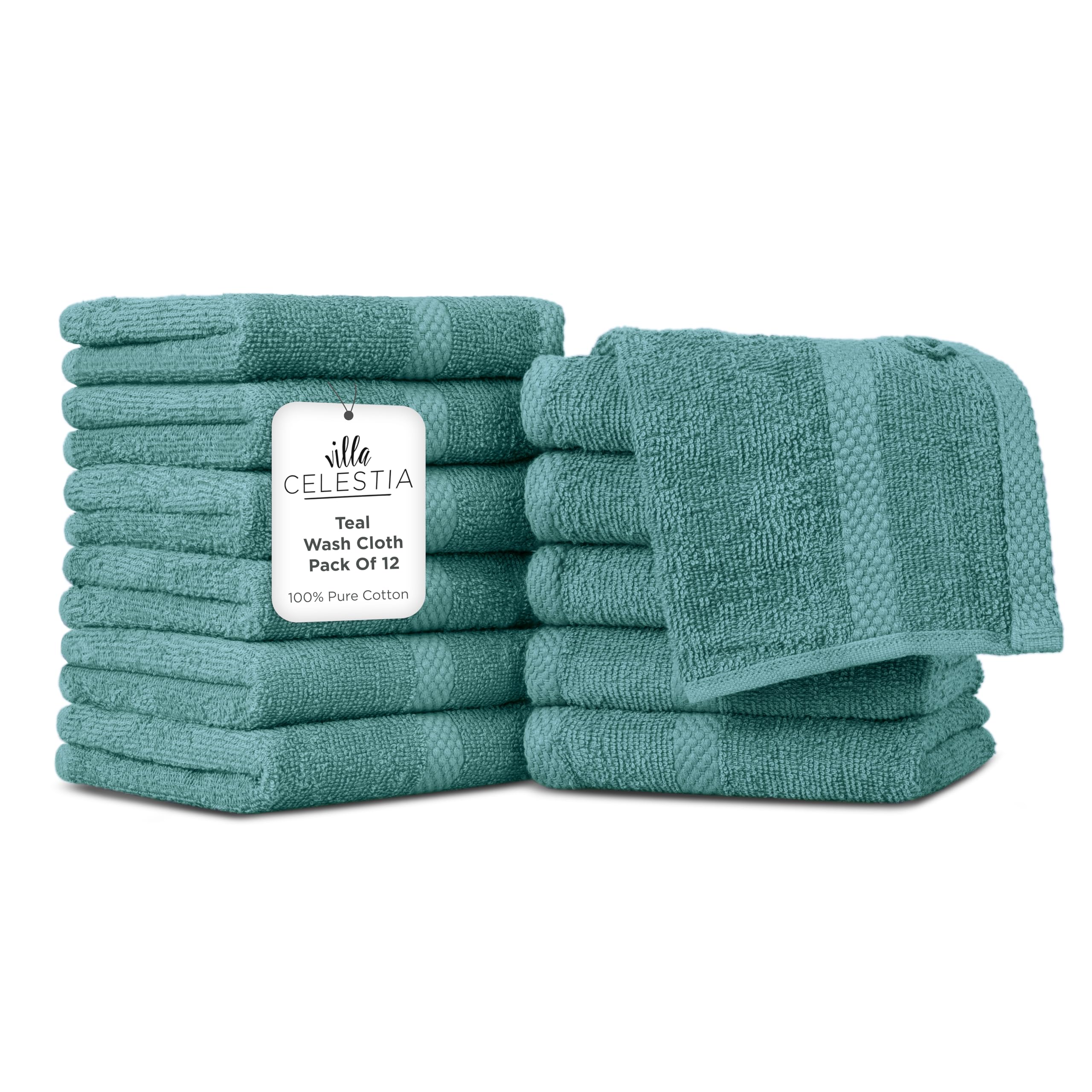 Villa Celestia Cotton Washcloths Set of 12, 12x12 Inch, 100% Ring-Spun Combed Cotton, Soft Absorbent Quick-Dry Wash Cloths for Face and Body, Oeko-TEX Certified, Hotel &amp; Spa Quality, Teal