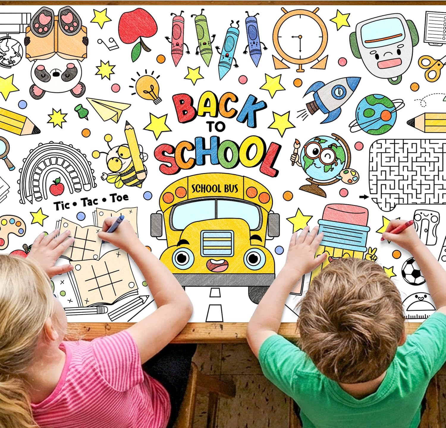 FoszaSzept Back to School Coloring Poster – 55×24 Inch First Day of School Paper Banner, Large Classroom Activity Table Cover for Classroom Home Party kids, DIY Art Craft Activity Game Supplies