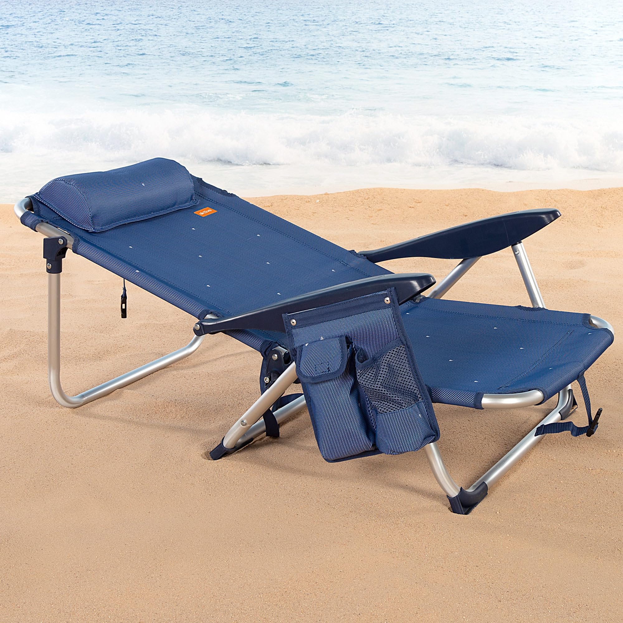 AKTIVE Packung mit 2 Strandstühlen, niedrig, neigbar in 4 Positionen, Kippschutz, mit Kissen und Seitentasche, leichtes Aluminiumgestell, für Strand oder Garten, 51 x 45 x 76 cm (62290)