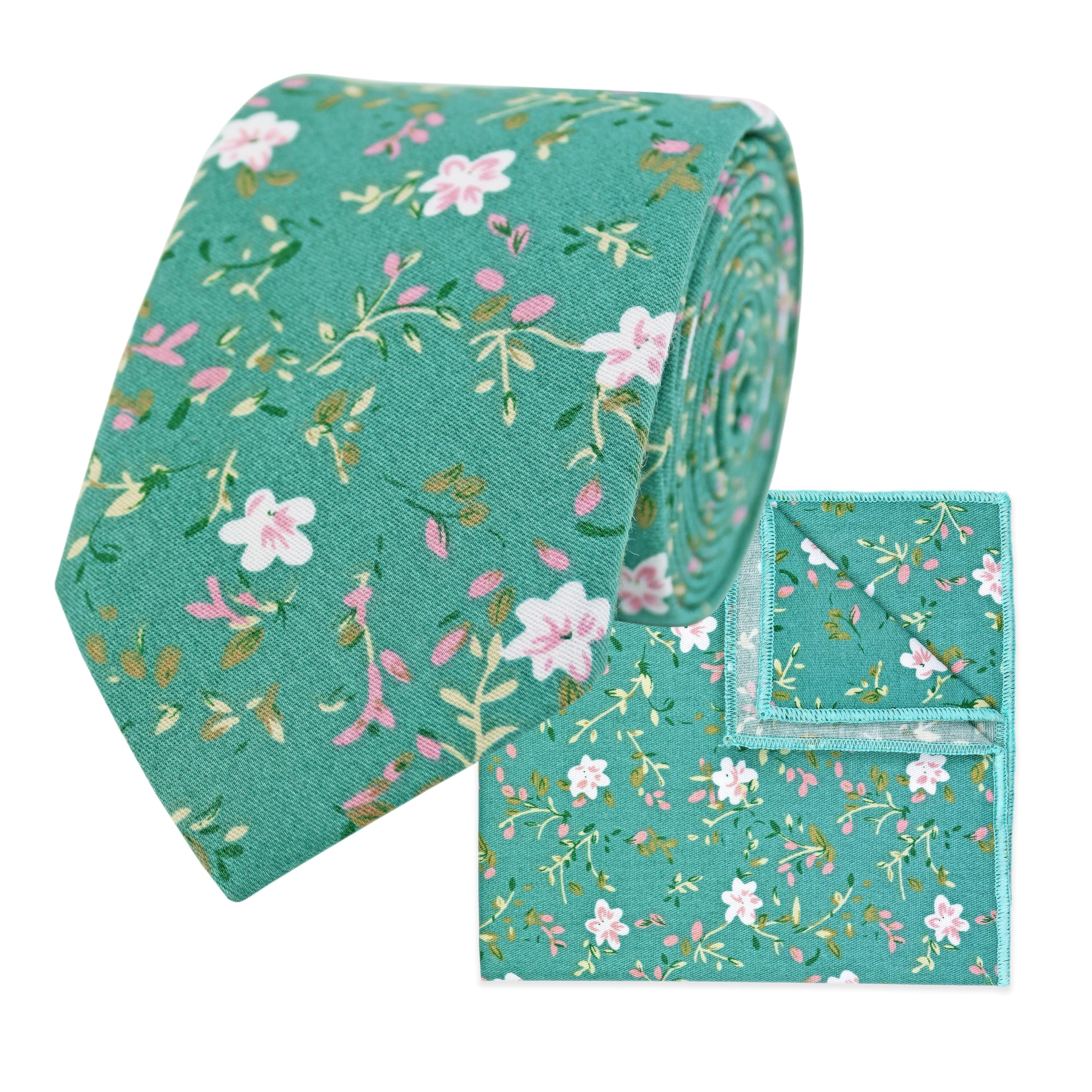 The Gents Lab Men's Teal 100% Cotton Diamond End Floral Print Neck Tie & Pocket Square Set (Teal)