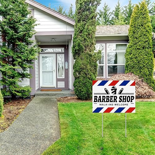Vista 6 de Therwen Letrero de bienvenida de 3 piezas de 12 x 15.8 pulgadas, letrero de peluquería de doble cara a rayas azules para decoración de peluquería al