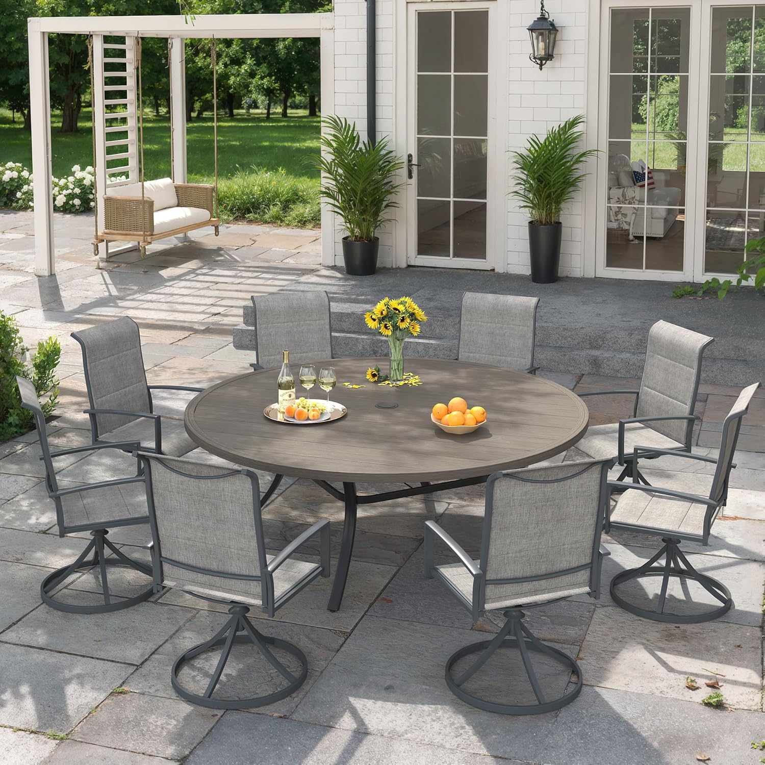 VICLLAX 9 Pieces Outdoor Dining Set, Patio Furniture Set Includes 53" Round Metal Table W/ 1.9" Umbrella Hole and 8 Padded Textilene Swivel Chairs for Porch, Lawn, Garden, Backyard