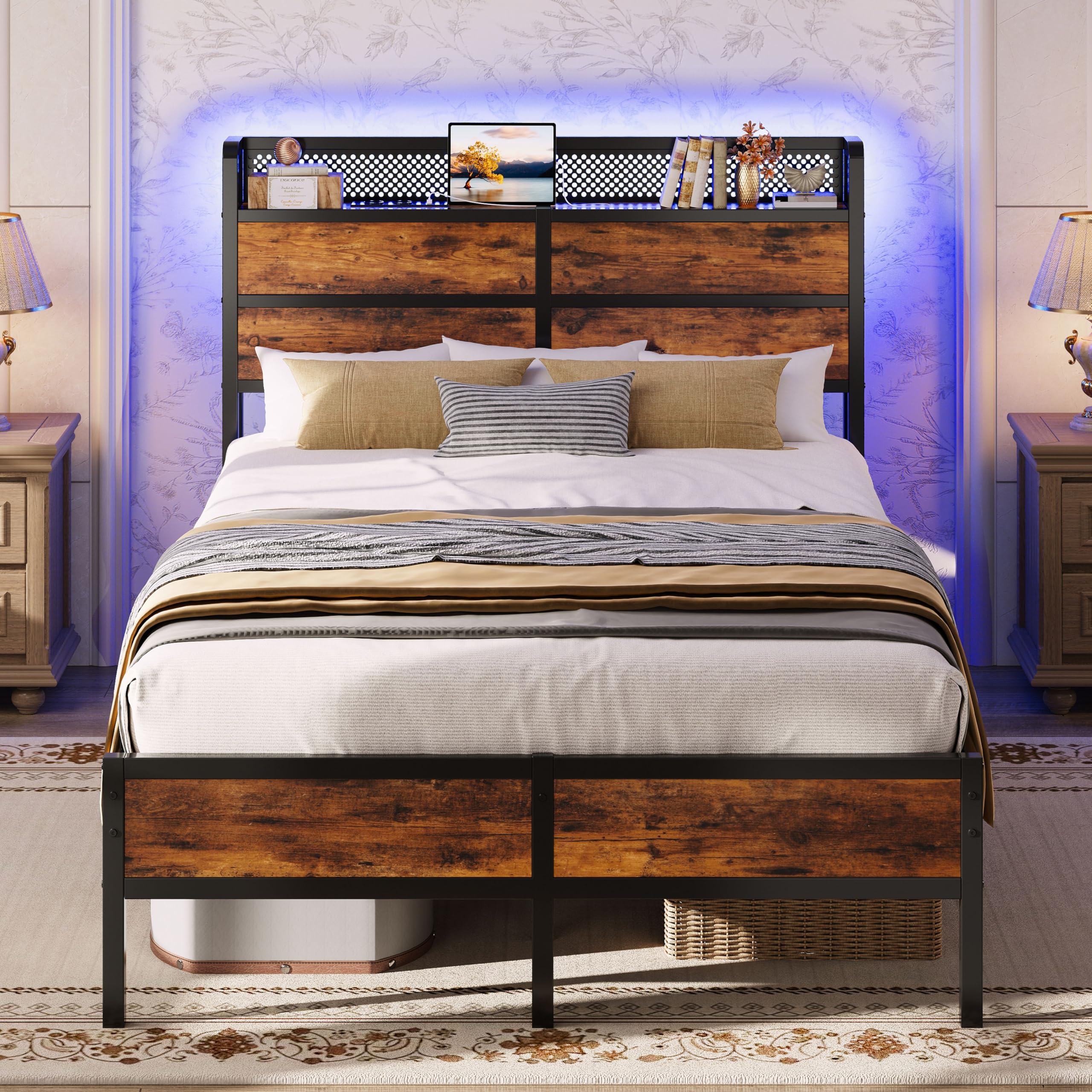 IRONCK Bed 120 x 200 cm with LED Lighting, Bed Frame 120 x 200 cm with Sockets, USB  Type C Connection, Metal Double Bed with Wooden Headboard Storage Space, Bed Frame with Slatted Frame, Underbed Storage Space