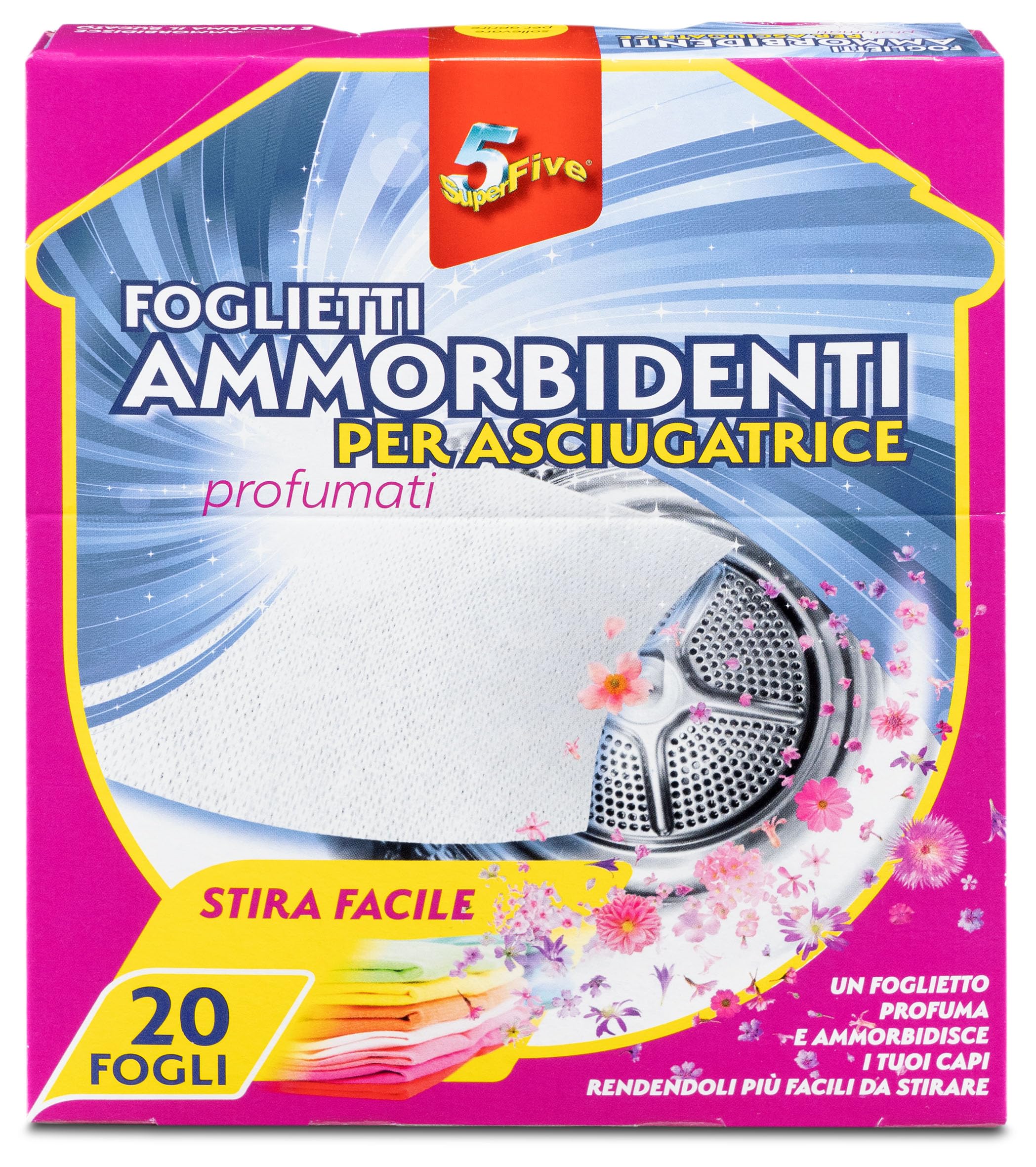 SUPERFIVE, Foglietti Ammorbidenti per Asciugatrice, Profumati e Antistatici, 20 Fogli (12 Confezioni x 20 Fogli)
