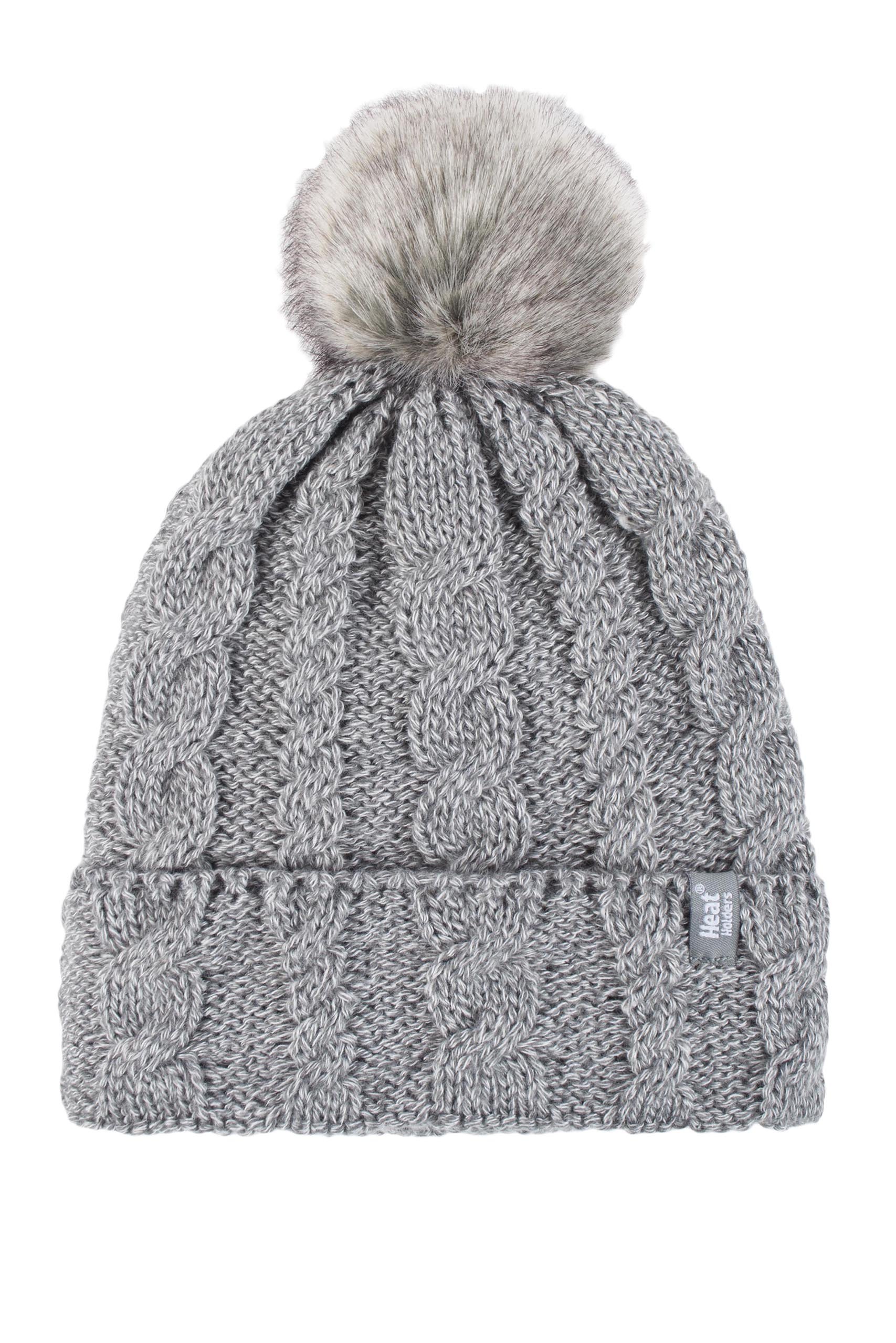 1 Ladies GENUINE Heat Holder Heatweaver Cable Knit Thermal Winter Warm HAT TOG 3.4 Variations - Pom Pom/Turn Over Cuff/Standard Beanie (Ladies L.Grey POM POM Hat)