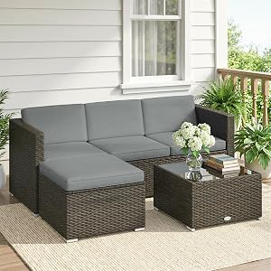 Outsunny 3 Pieces Patio Furniture Set with Cushions, Outdoor PE Rattan Wicker Conversation Corner Sofa Set with Glass Top Table and Adjustable Foot for Garden, Lawn, Light Grey