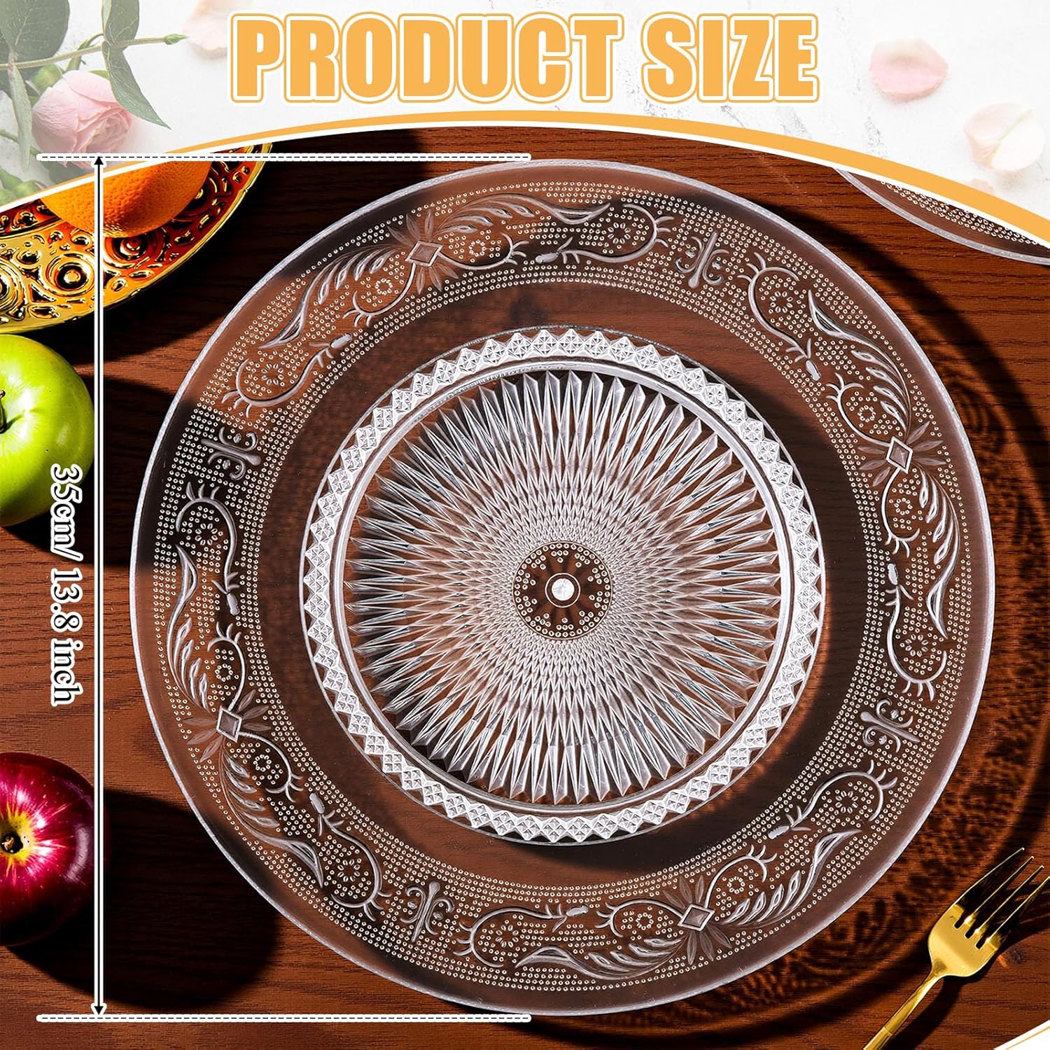 10 Pcs 13.8 Inch Acrylic Crystal Dinner Plates, Clear Round Plastic Serving Platter Trays Vintage Dragon and Phoenix Embossed Dinnerware for Serving Food Salad Pasta Fruit Home Party Wedding