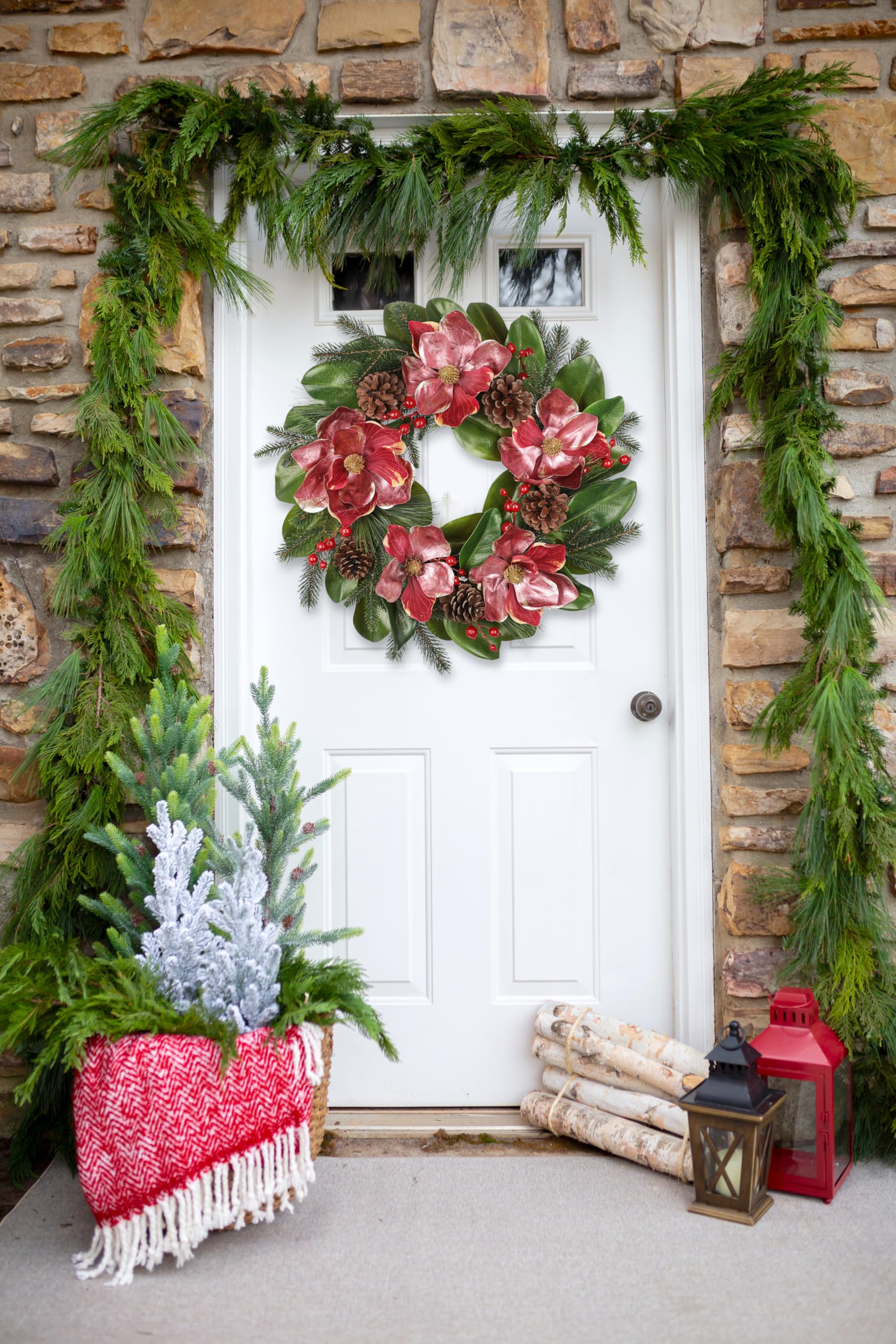 61 cm Künstlicher Magnolien-Weihnachtskranz Großer Weihnachtskranz Deko mit Magnolienblüten, Tannenzweigen und Tannenzapfen für Zuhause, Wand, Fenster, Weihnachtsdekoration für drinnen und draußen