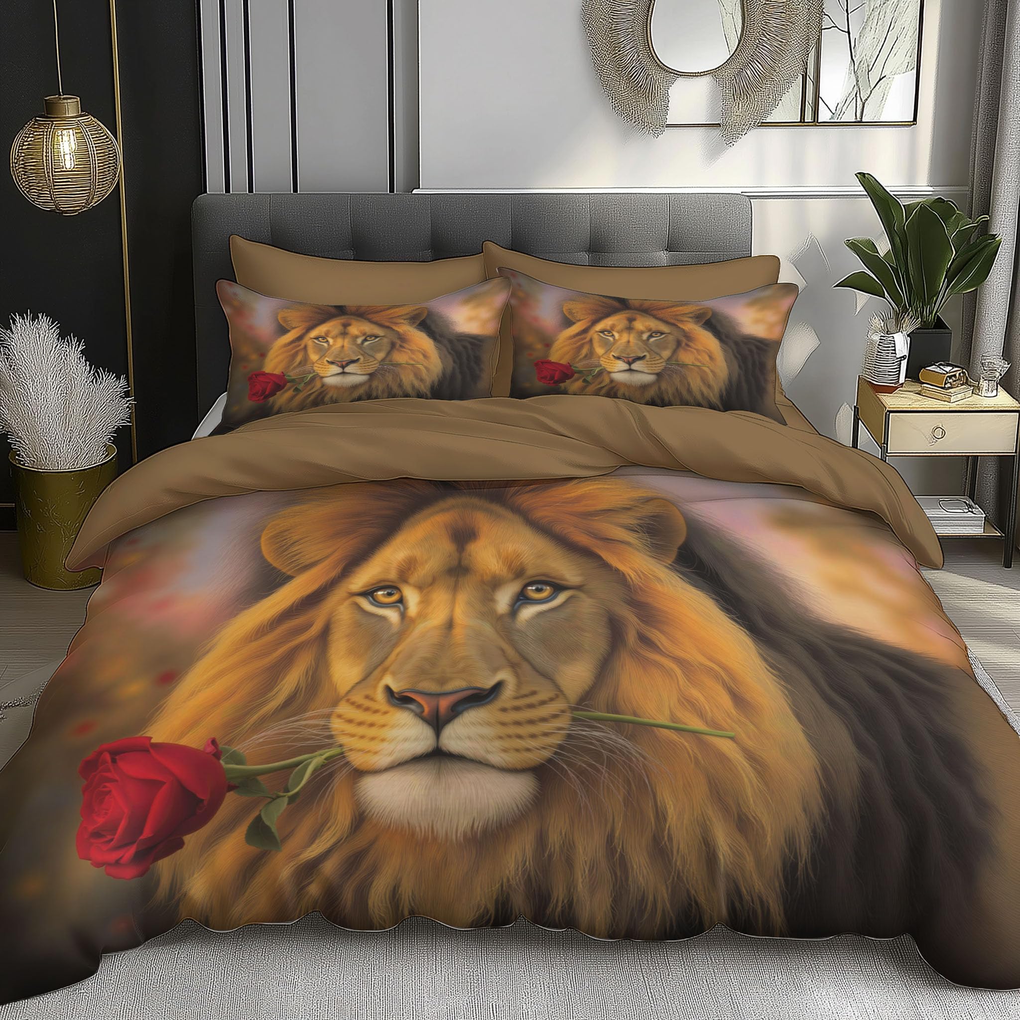 Housse de couette 140x200 lion et rose avec sa taie 65x65 en microfibre brun