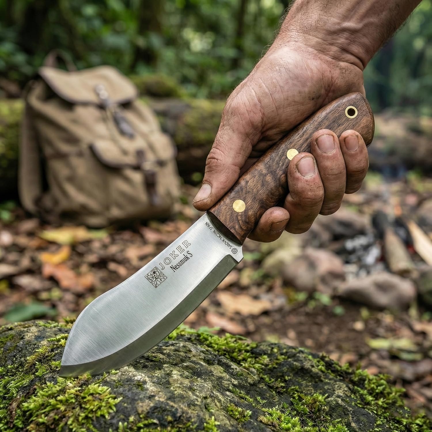 Joker Knife Nessmuk S 132, 4.3 in. Blade Sandvik 14C28N, Birch and Walnut Handle, Brown Leather Sheath, Fishing, Hunting, Camping and Trekking Tool (Walnut Wood, Leather Sheath With Firestarter)