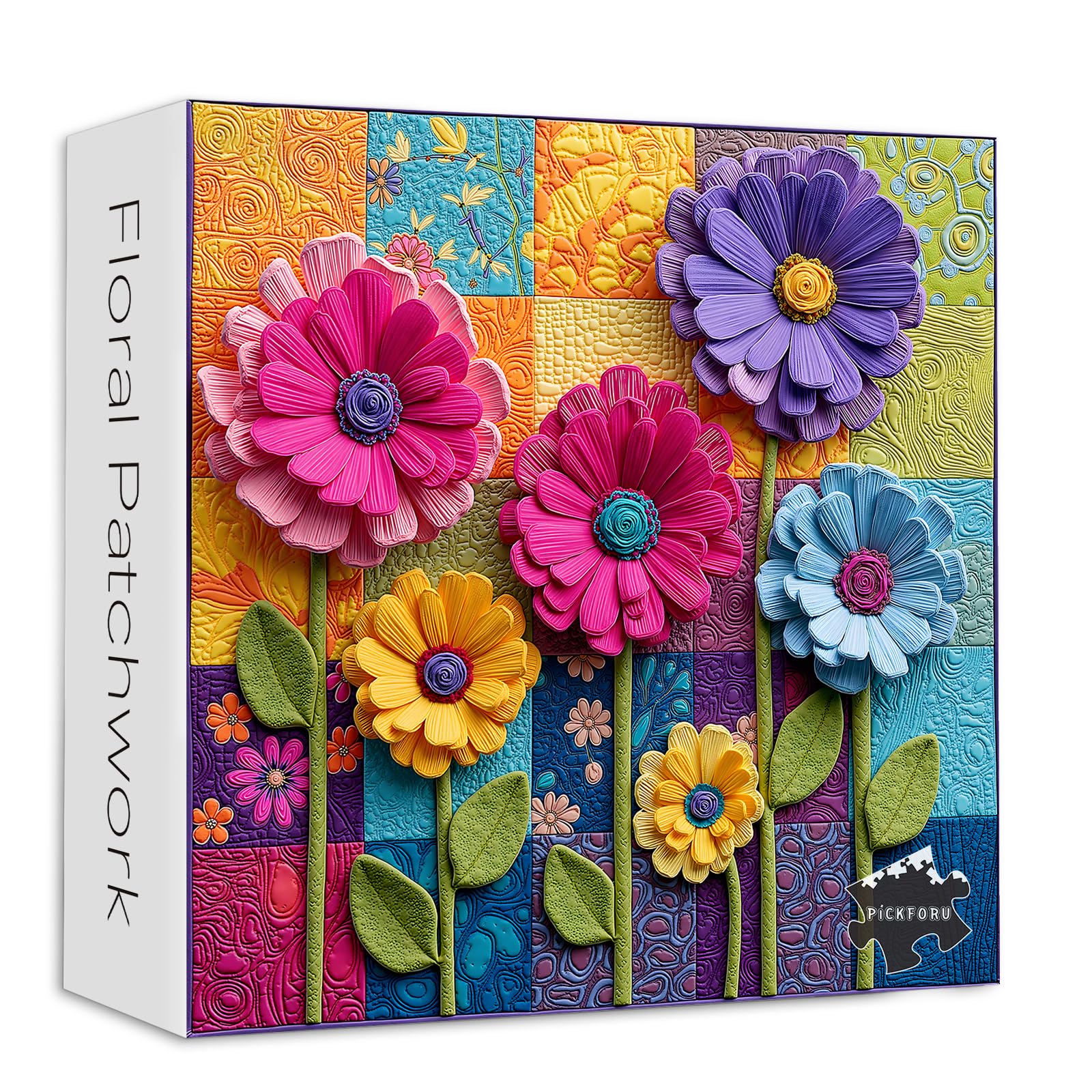 Sewing Patch 1000 Piece Puzzle for Adults, PICKFORU Colorful Quilt Patchwork Flower Art Puzzles, Vintage Art Hard Impossible Wildflower Theme as Home Decor