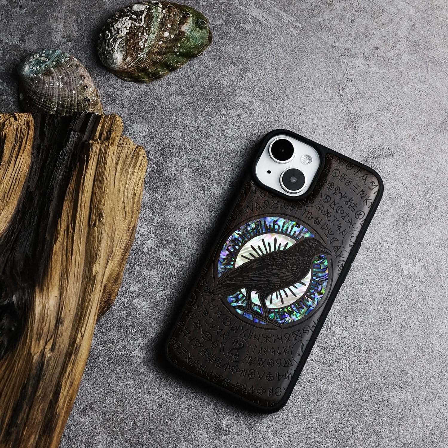 Carveit Wooden Case for iPhone 15 Magnetic Case, Compatible with MagSafe Wireless Chargers, Shockproof Cover, Handmade Shell Inlaid & Wood Artisan Engraved (Haloed Crow) Blackwood