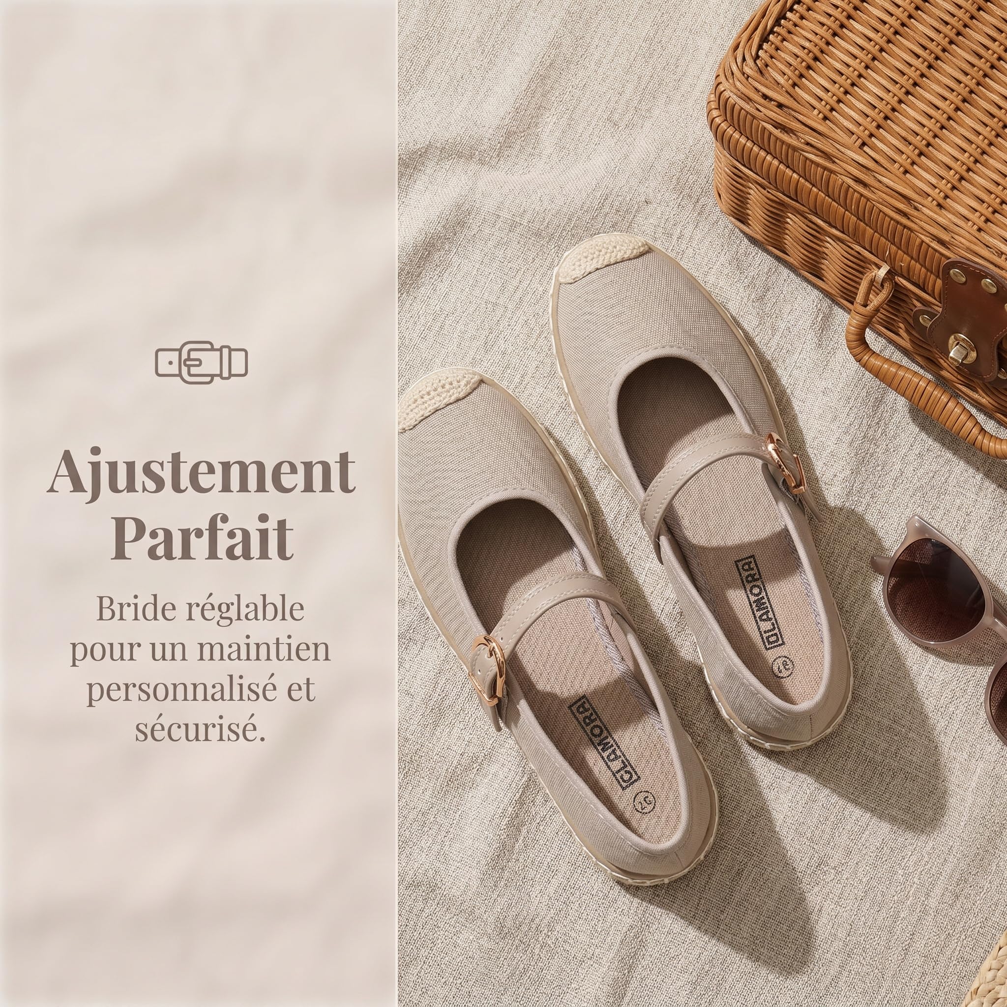 GLAMORA Espadrilles classiques avec boucle, style espadrille, semelle en spart, disponible en noir, beige, rose et gris