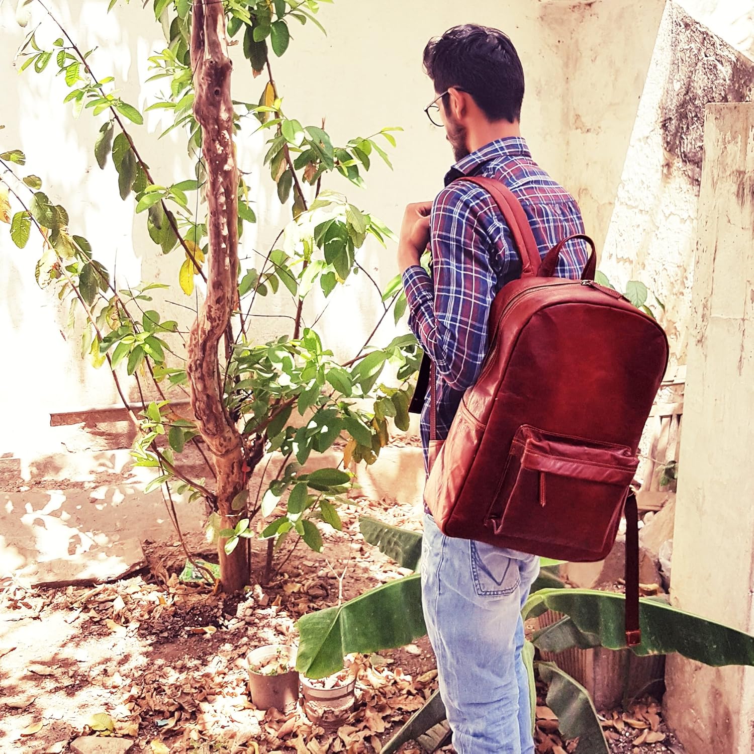 jaald 18" Brown Leather Backpack Vintage Rucksack Laptop Bag Water Resistant Casual Daypack College Bookbag Comfortable Lightweight Travel Backpack Hiking/Picnic Bag for Men