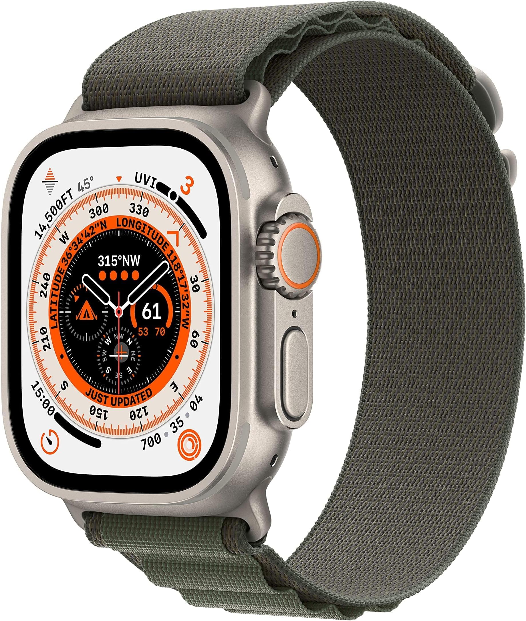 Apple Watch Ultra [GPS + Cellular 49mm] Titanium Case with Green Alpine Loop, Small (Renewed)