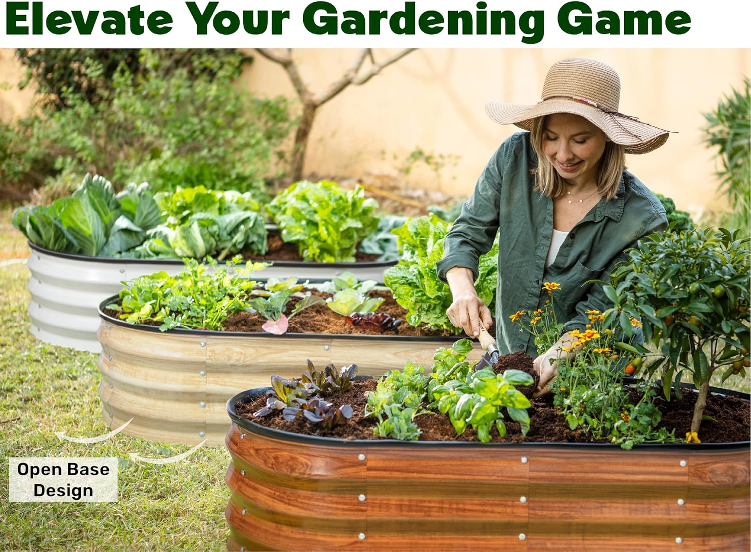 Plant & Plot Galvanized Raised Garden Beds Outdoor // 4×2×1 ft (2-Pack) Planter Raised Beds for Gardening, Vegetables, Flowers (Dark Wood Grain) // Large Metal Garden Box