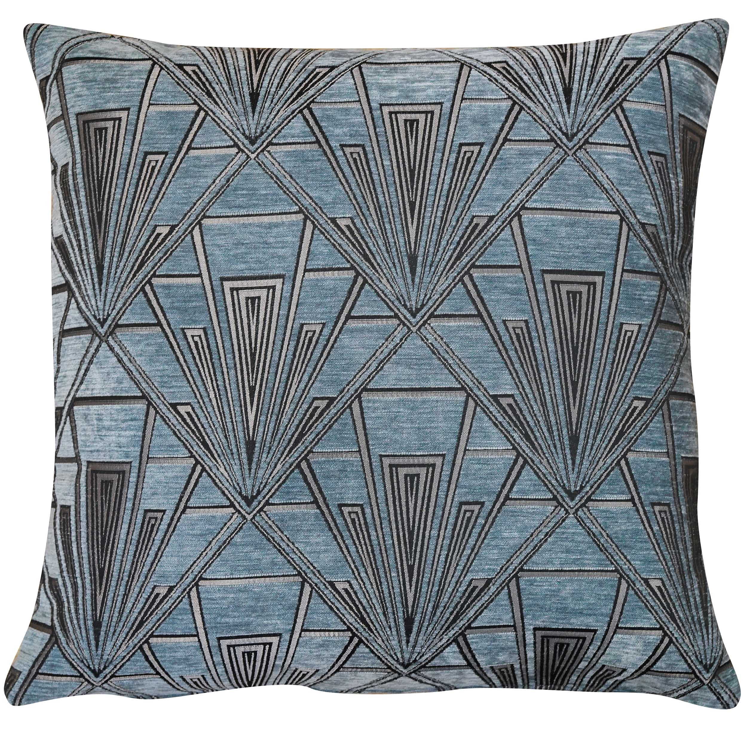 Linen Loft Blue Art Deco Geometric Extra-Large Cushion Cover. Steel And Silver Vintage Design. Luxury Velvet Chenille. 23X23 Xl Square. Cover Only.