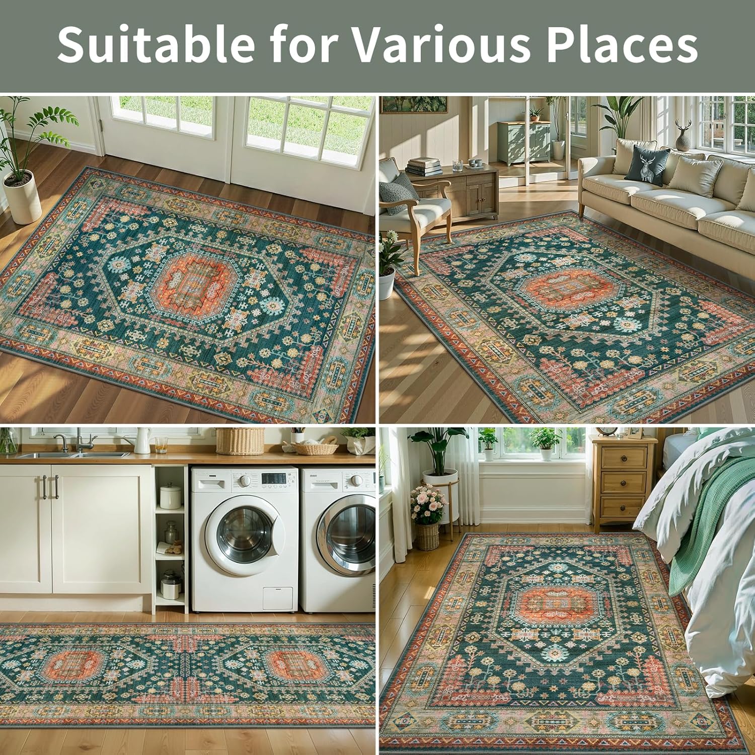 Tangsoo Vintage Rug 2x3 Small Area Rug for Entryway, Washable Entry Door Carpet Non-Slip Rubber Backing Indoor Throw Mat for Front Porch Entrance Kitchen,Yellow Green Multi Doormat