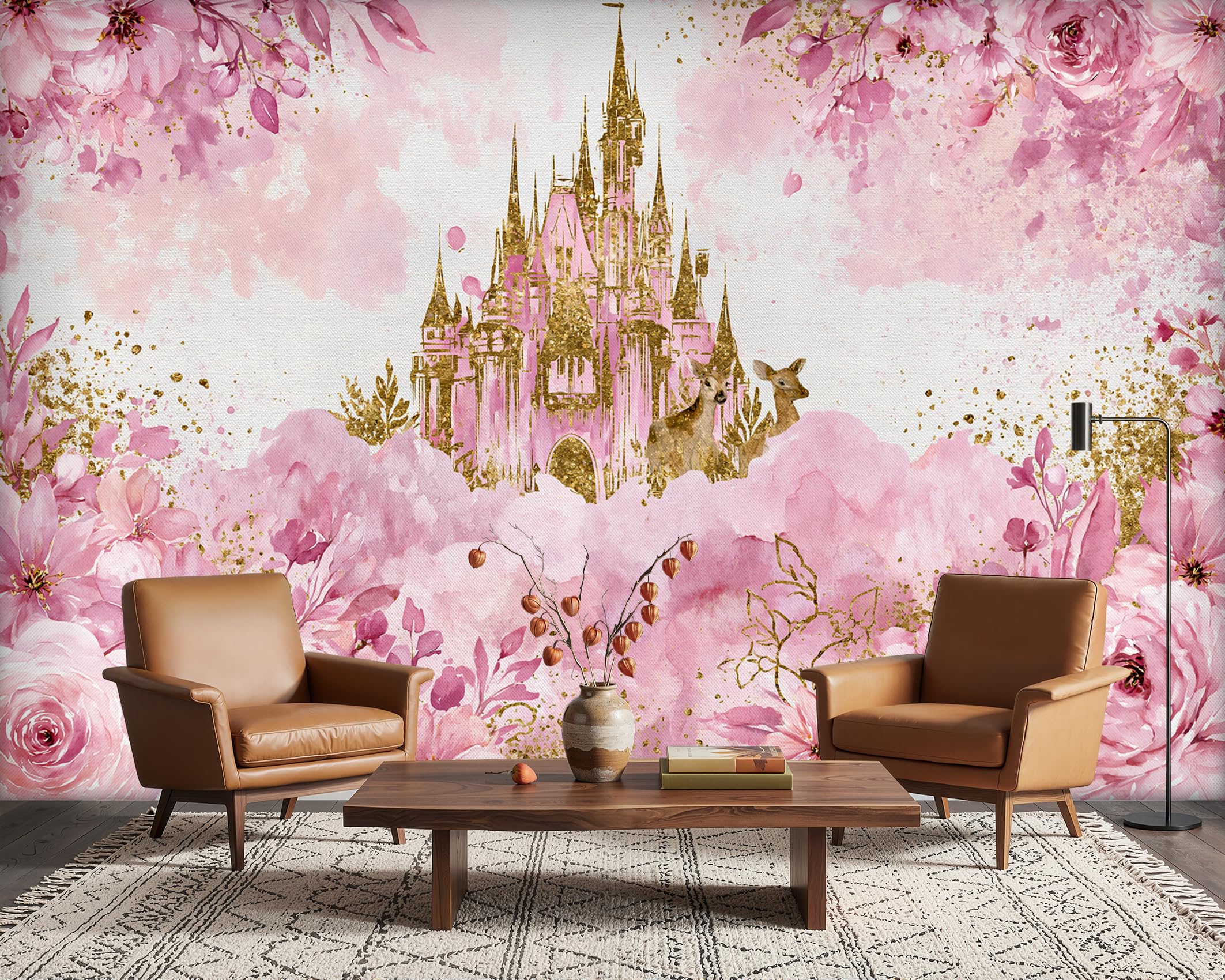 PaxGloz Pink and Gold Princess Castle Wall Mural, Dreamy Fairytale Wallpaper for Girls Bedroom Nursery Playroom, Non-Woven Decorative Wall Art 416x254 cm
