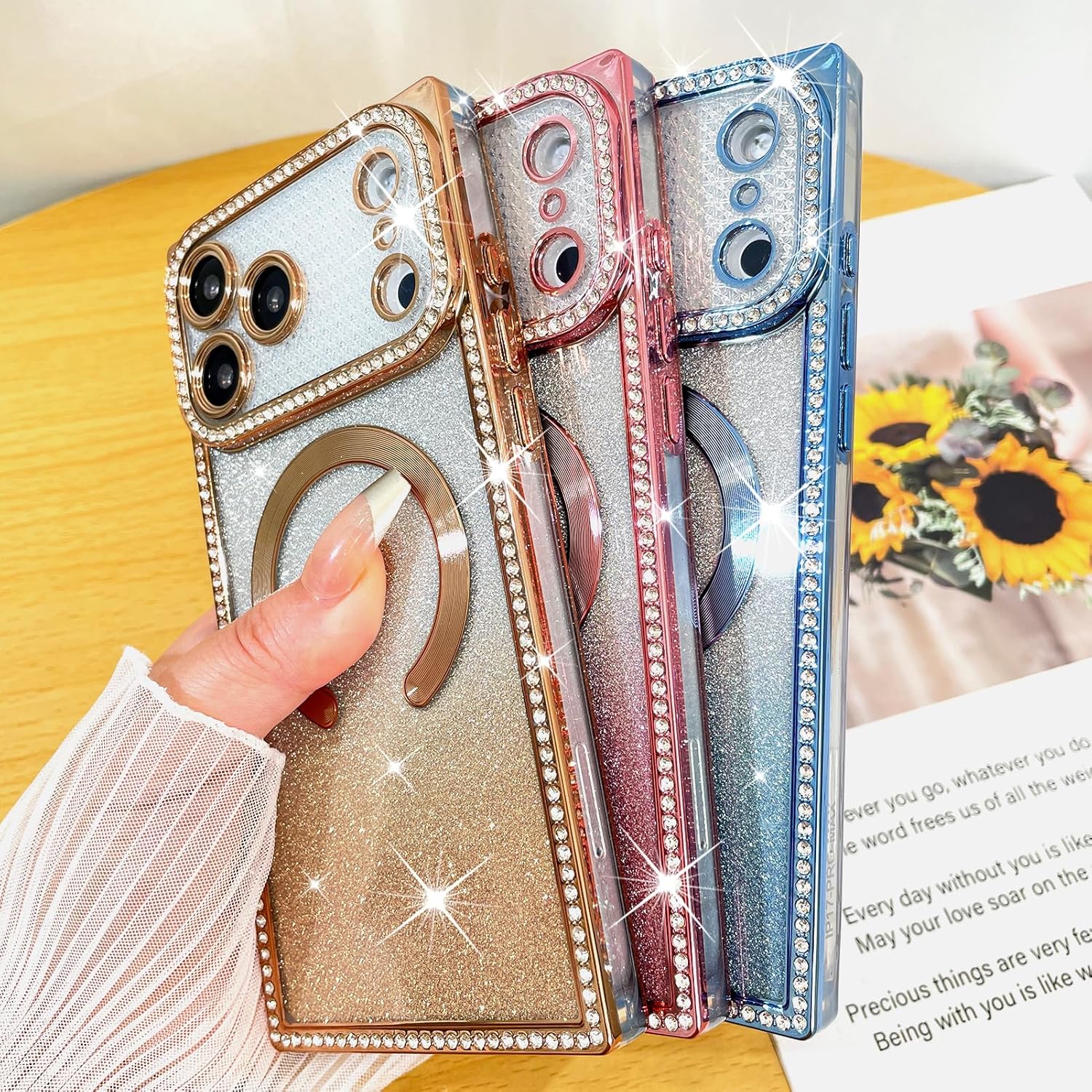 Fiyart Designed for iPhone 17 Pro Case,Compatible with MagSafe Love Hearts Plating Soft Slim TPU Sparkle Rhinestone Glitter Shockproof Phone Bumper for Women Girls 6.3"-Blue - Image 5