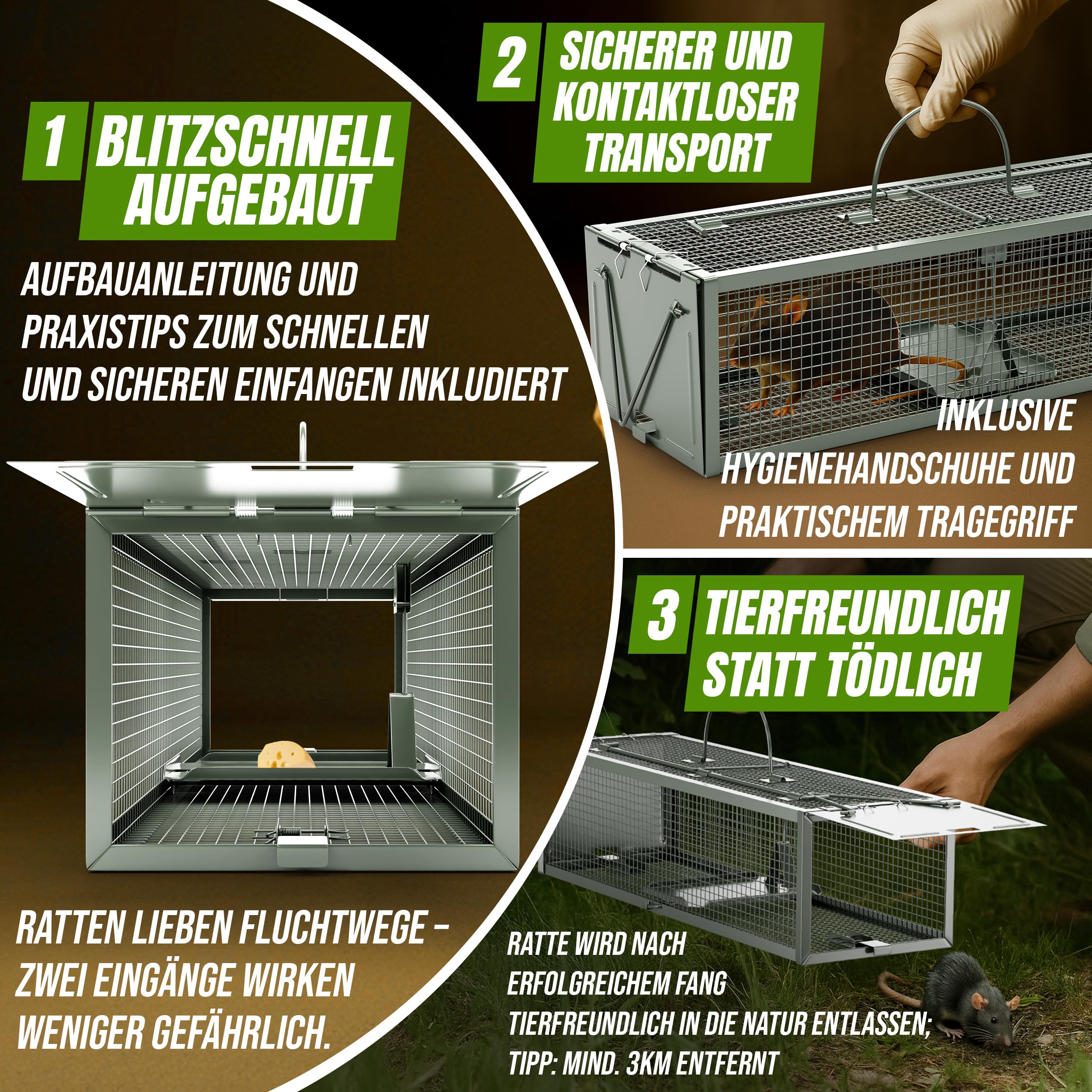 VANWILD® Rattenfalle Lebend 40cm | Tierfreundliche Lebendfalle mit Zwei Eingängen, Sichere & Effektive Mausefalle für jeden Einsatzbereich