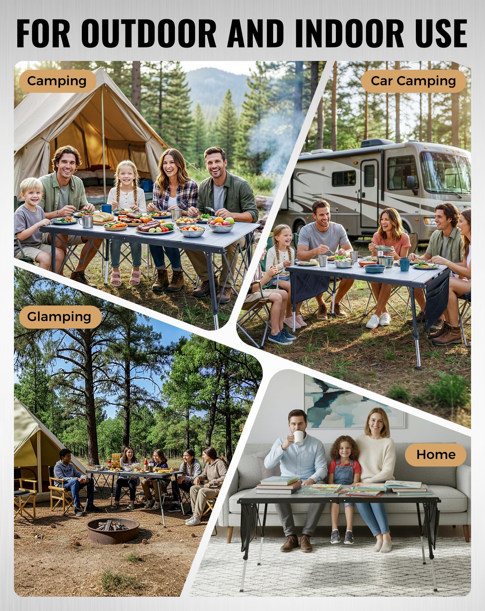 KingCamp Table de Camping Pliable Extra Large Réglable en Hauteur, 140x70cm 48-70cm avec Poches de Rangement, Légère & Stable pour Jardin, Balcon & Extérieur
