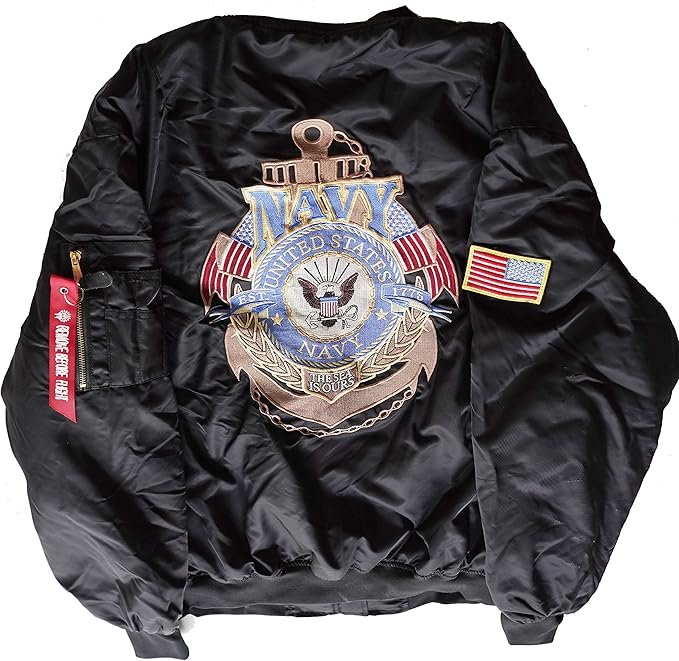 U.S. Navy EST 1775 The Sea is Ours MA-1 Flight Embroidered Bomber Jacket at Amazon Men’s Clothing store