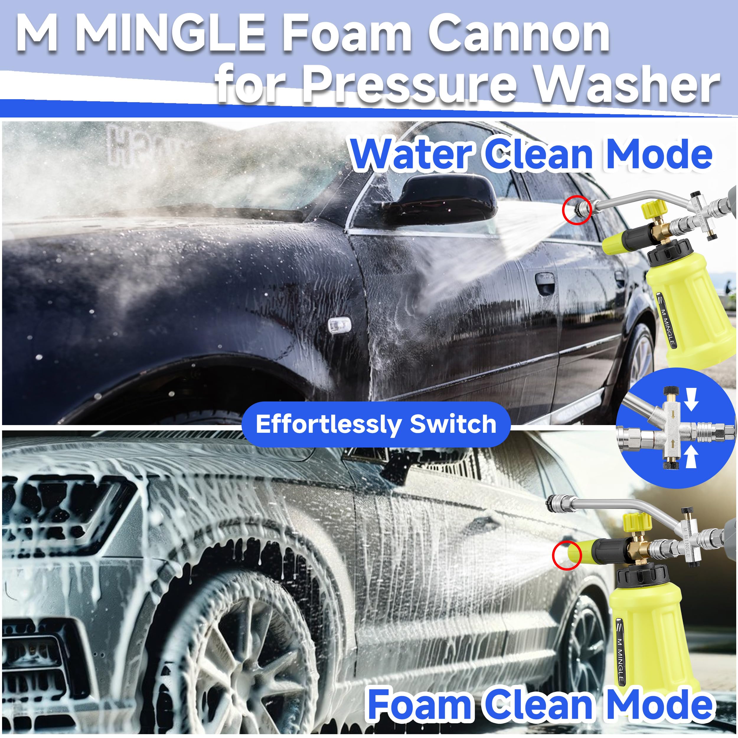 M MINGLE Lancia schiuma a doppio connettore, compatibile con Karcher K2-K7 | Jet Wash Foam Cannon Ricambio e Adattatore, 5 Ugelli Idropulitrice, 0,6 cm Quick Connect
