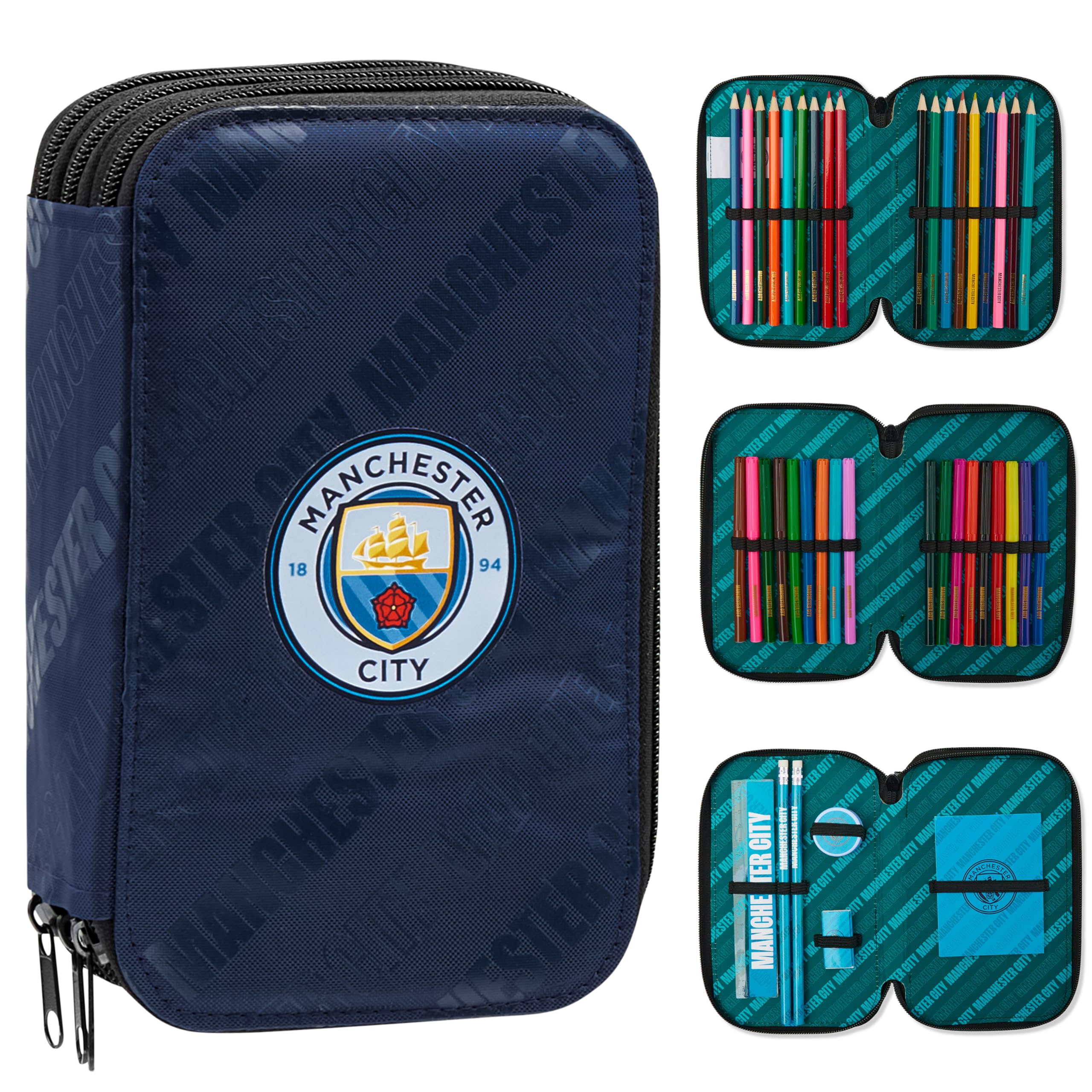 MANCHESTER CITY F.C. Filled Pencil Case Colouring Stationery Set School Supplies, Navy